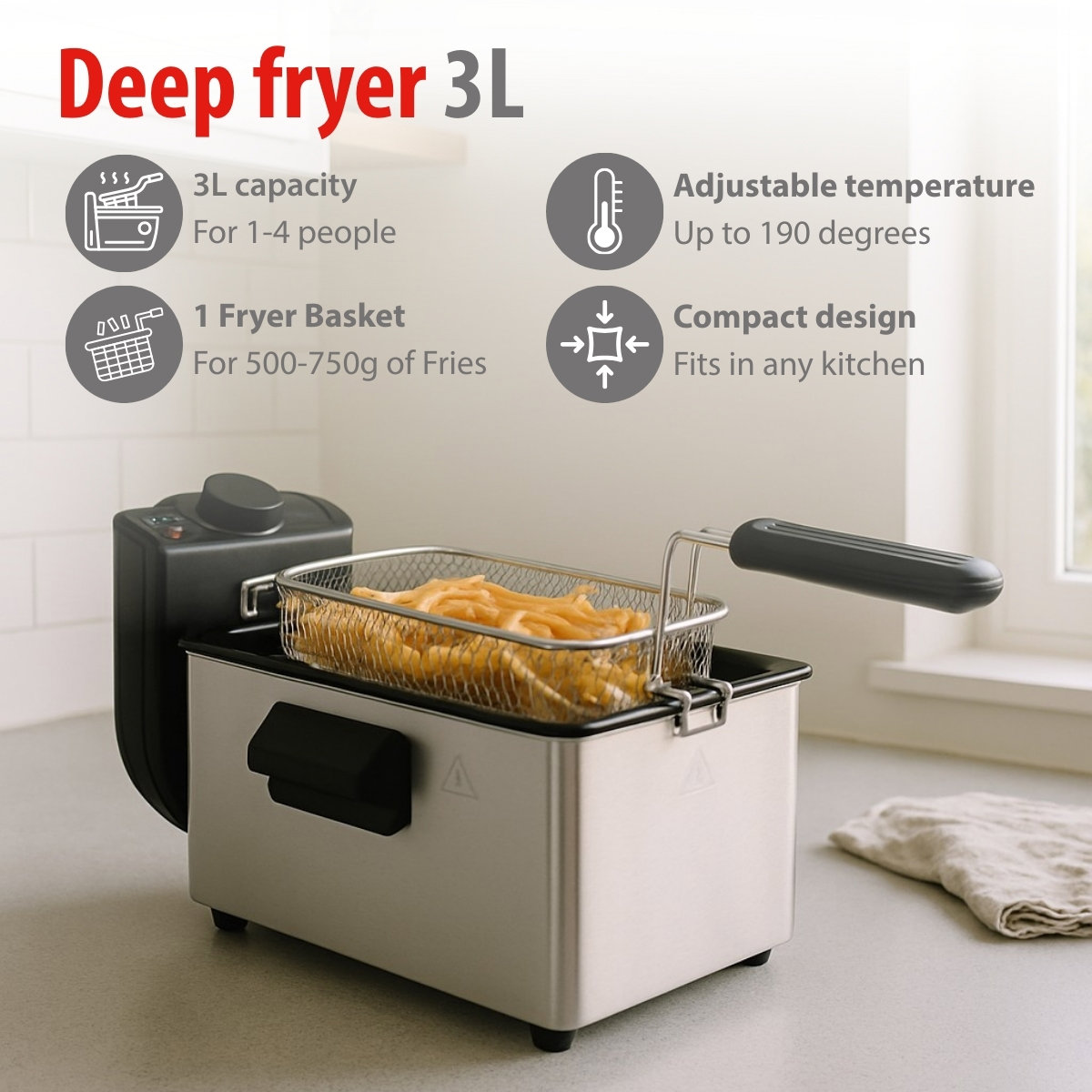 A deep fryer with fries in the basket. Text indicates 3L capacity, adjustable temperature, and compact design.