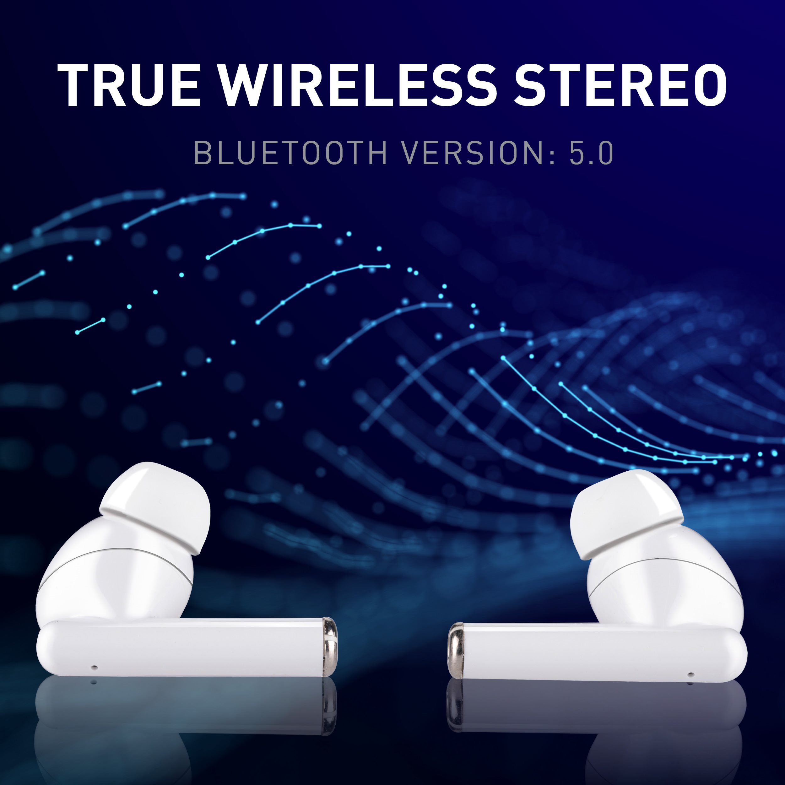 Weiße kabellose Ohrhörer auf reflektierender Oberfläche. Text: True Wireless Stereo, Bluetooth Version 5.0. Dunkelblauer Hintergrund.
