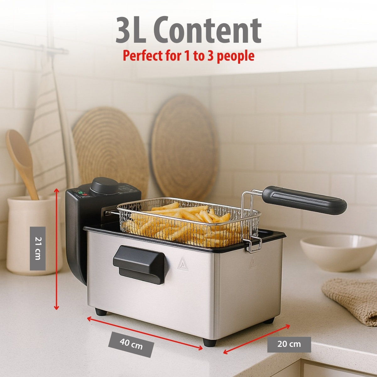 A stainless steel deep fryer with fries in a basket. Dimensions are noted on the image, with a white background.