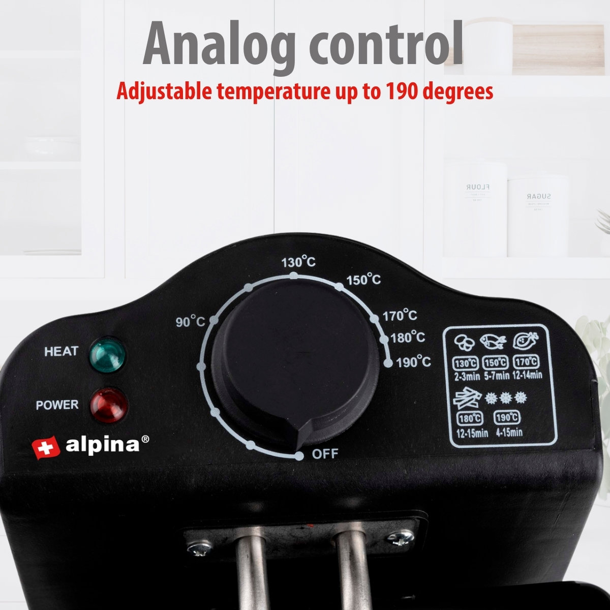 Black control panel with a dial for temperature, ranging from 90°C to 190°C. Alpina logo, and power and heat indicators.
