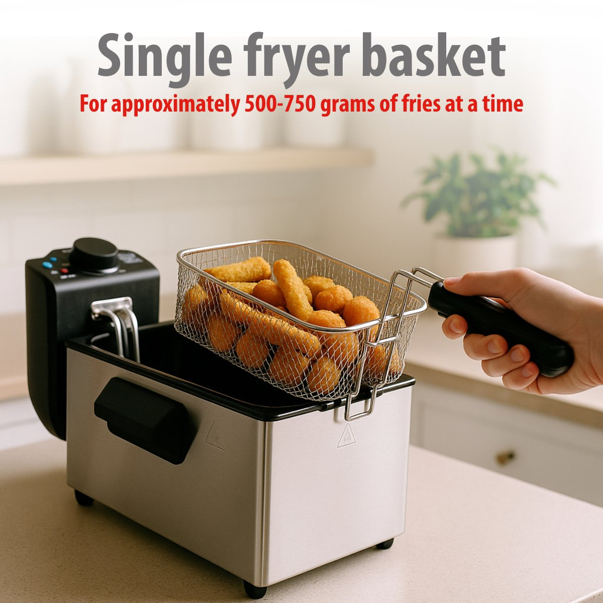 A single fryer basket with fried food being held by a hand. The fryer is silver and black, on a countertop. Text above reads: Single fryer basket.