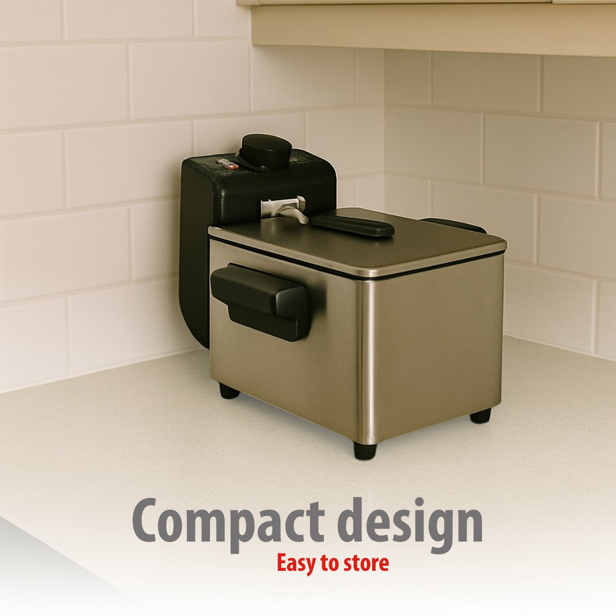 A stainless steel deep fryer sits on a white countertop. Black handle and control panel. White tiled wall in background.
