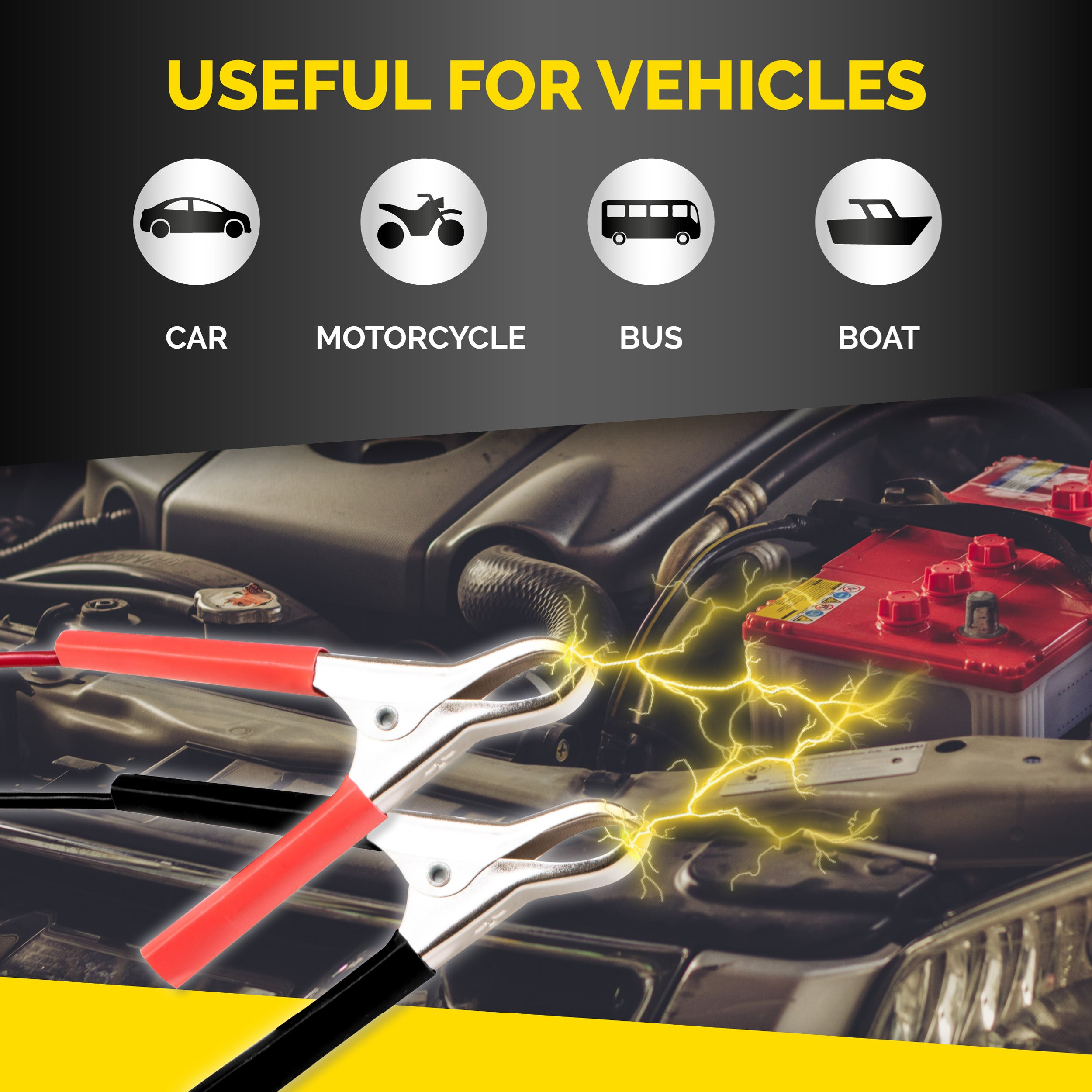 Image shows jumper cables connected to a car battery. Text indicates use for vehicles: car, motorcycle, bus, and boat.