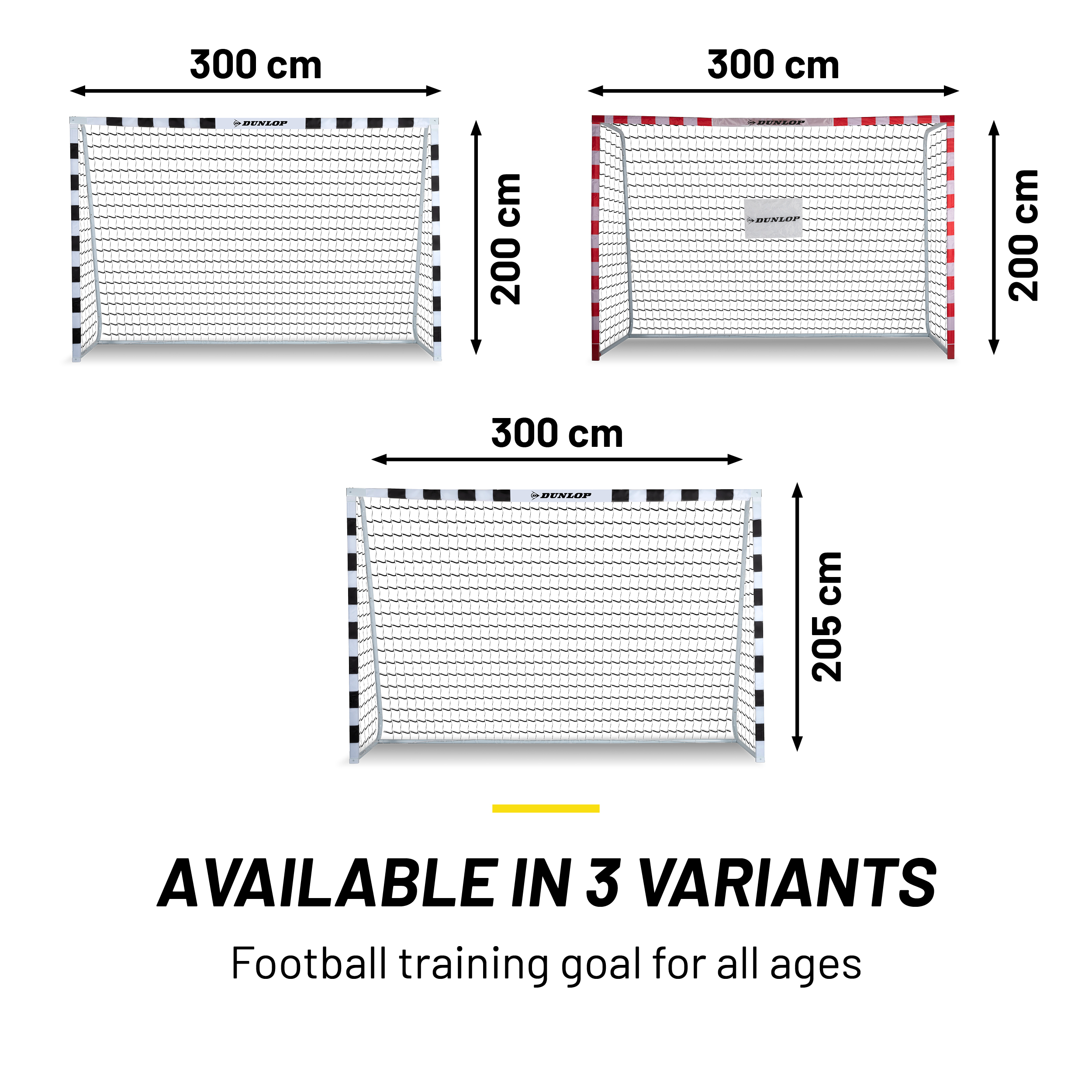 Afbeelding toont drie voetbaldoelen. De doelen hebben verschillende kleurenschema's op de palen: zwart en wit, rood en wit en zwart en wit.