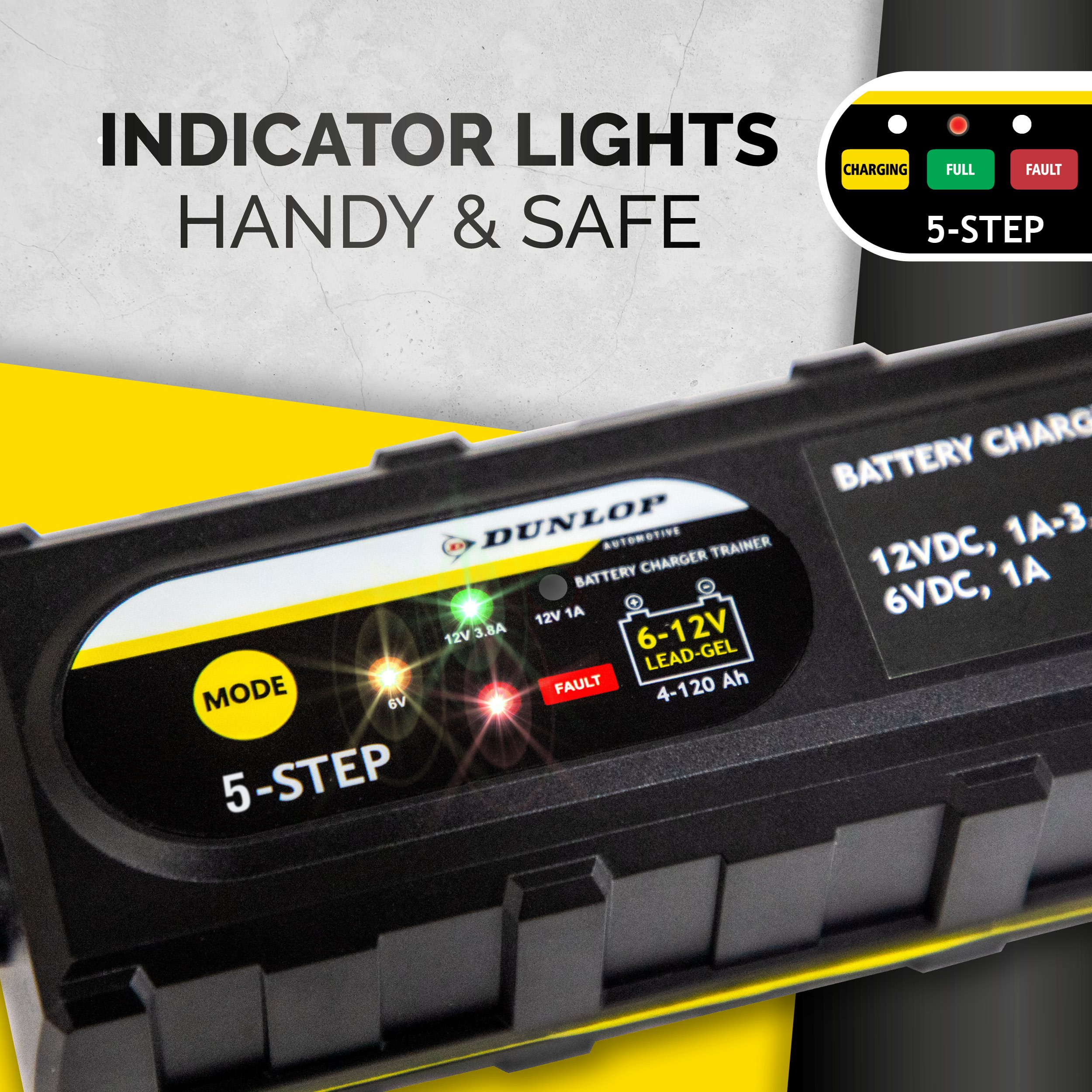 Close-up of a black battery charger with indicator lights for charging, full, and fault. Text reads 'HANDY & SAFE'.