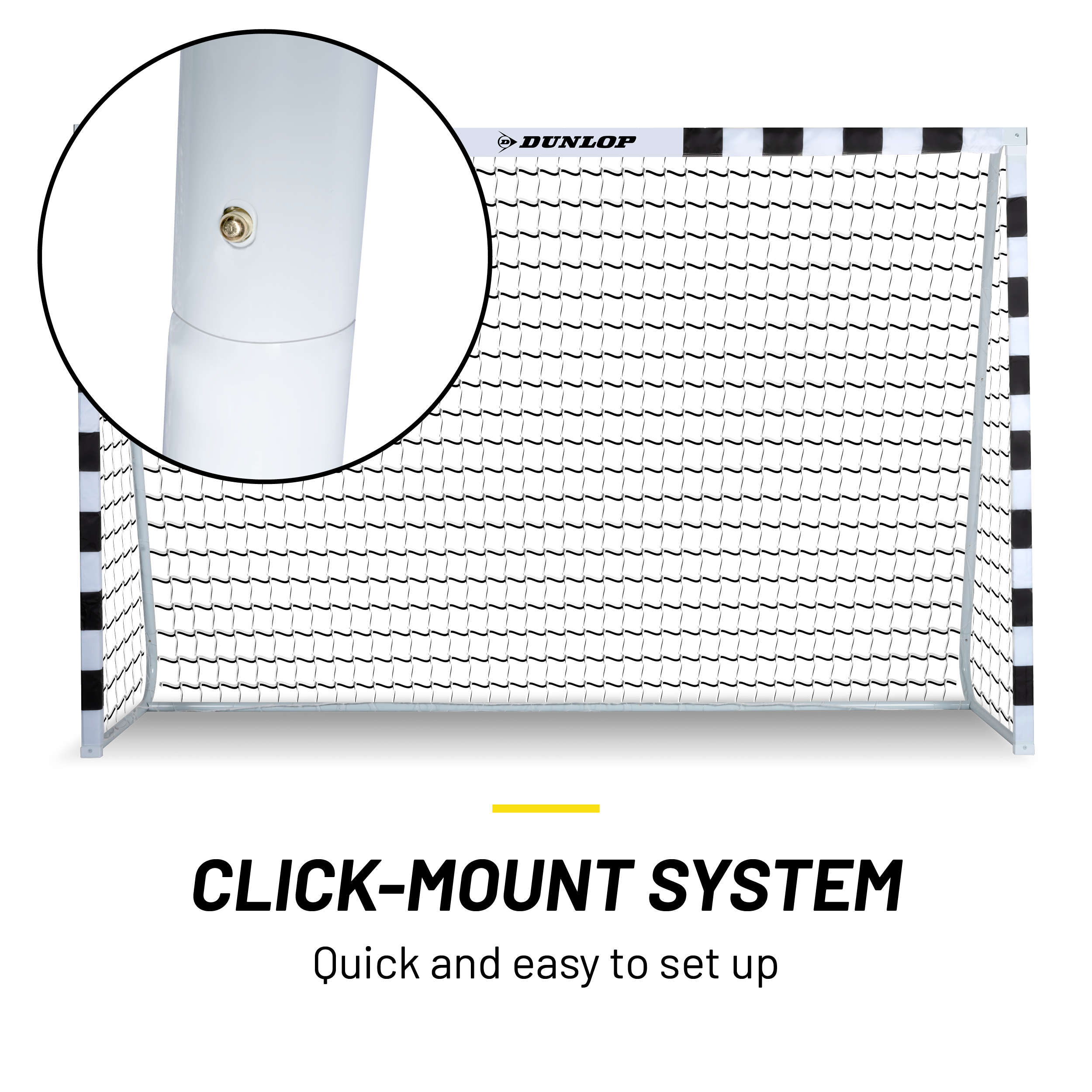 Een wit en zwart gestreept voetbaldoel met net. Een close-up toont het klik-montagesysteem. Tekst: 'Click-Mount System'.