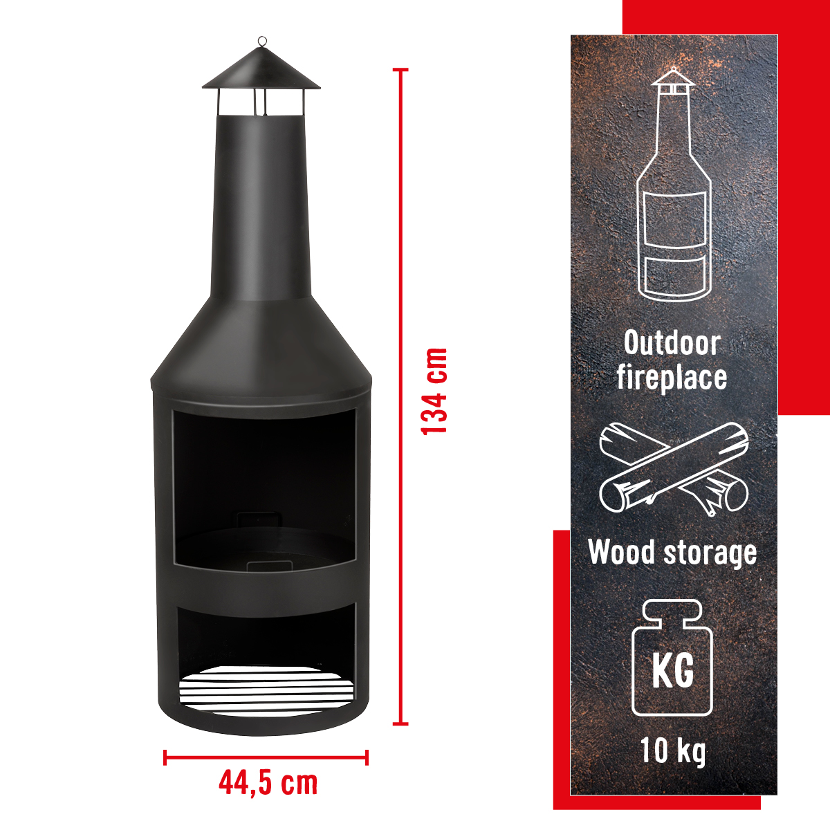 Een zwarte buitenhaard met afmetingen. Het heeft een schoorsteen, een opening voor vuur en een lager gelegen opslagruimte. Gewicht is 10 kg.