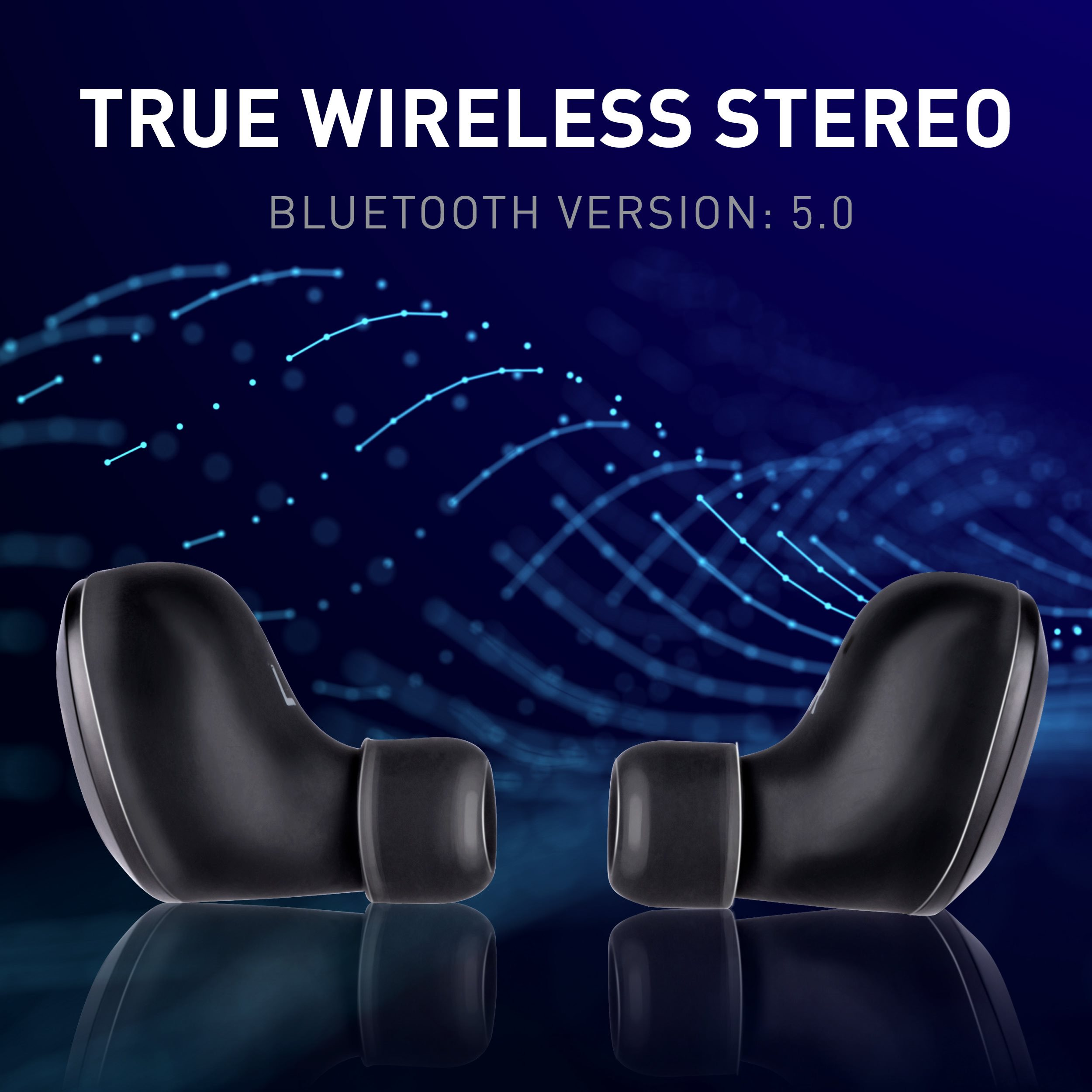 Afbeelding toont zwarte draadloze oordopjes met zilveren rand, de tekst 'TRUE WIRELESS STEREO' en 'BLUETOOTH VERSION: 5.0'.