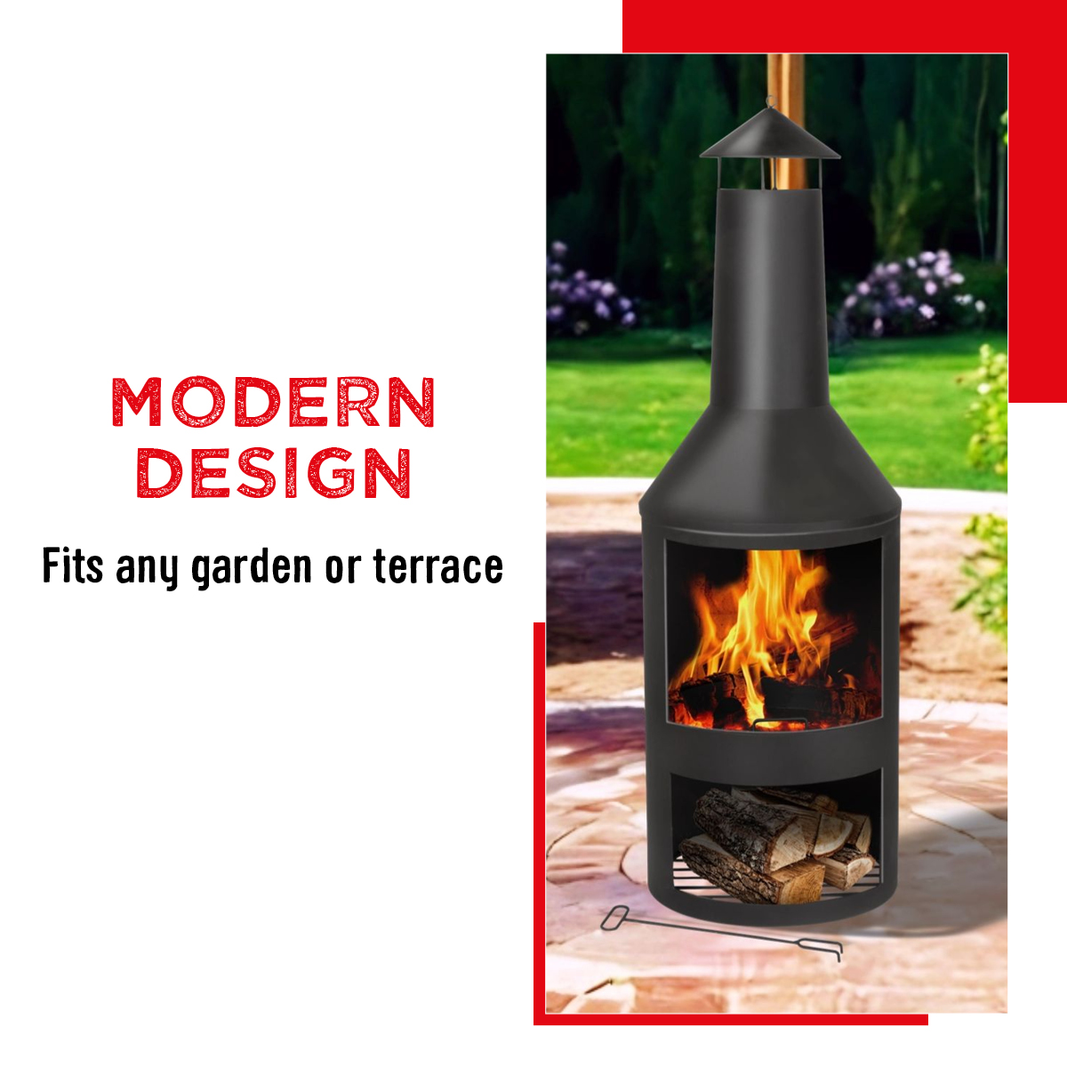 Een moderne zwarte buitenhaard met vlammen. Hij heeft een houtopslagruimte beneden. Tekst: 'MODERN DESIGN Past in elke tuin of terras'.