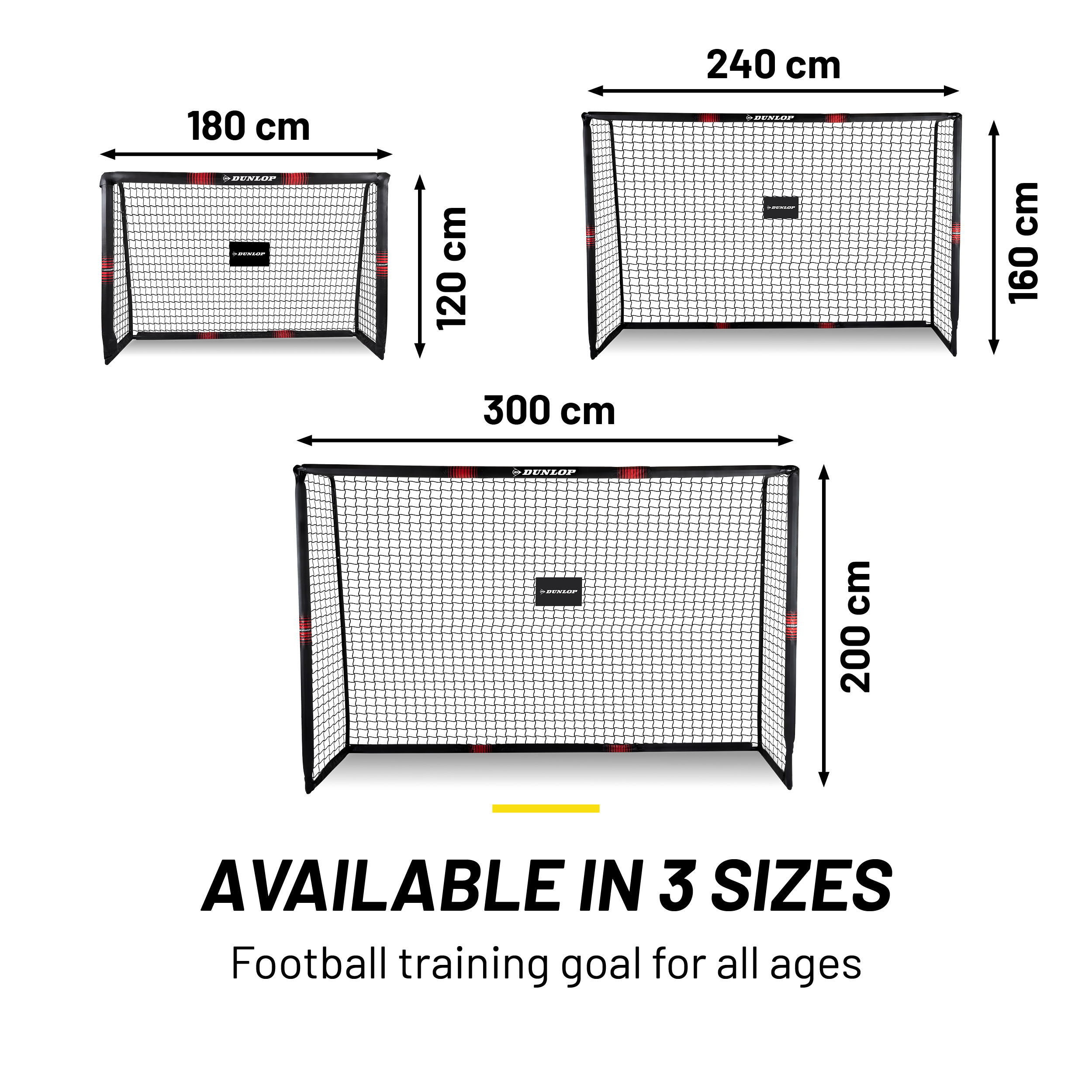 L'image montre trois buts de football de différentes tailles, avec des dimensions étiquetées. Le texte dit 'DISPONIBLE EN 3 TAILLES'.
