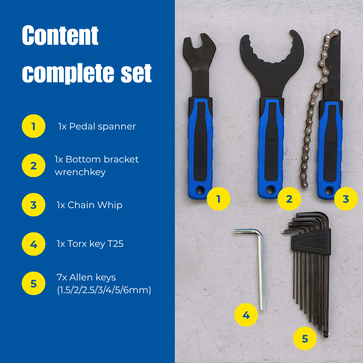 Complete fietstoolsset: pedaalsleutel, moersleutel, kettingzweep, Torx-sleutel en inbussleutels, alles op een lichte ondergrond.