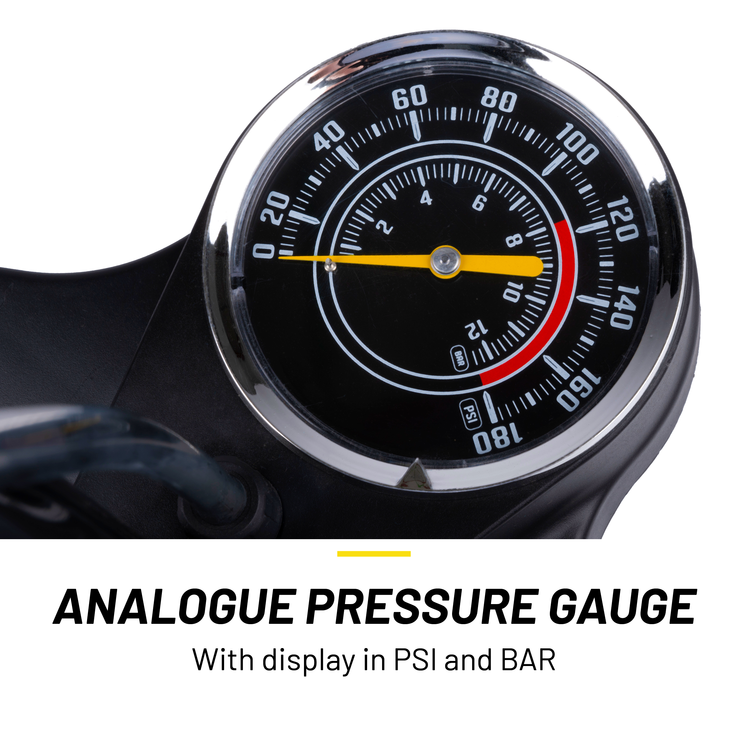 Analogue pressure gauge with black face, white numbers, and yellow needle. Displayed in PSI and BAR.