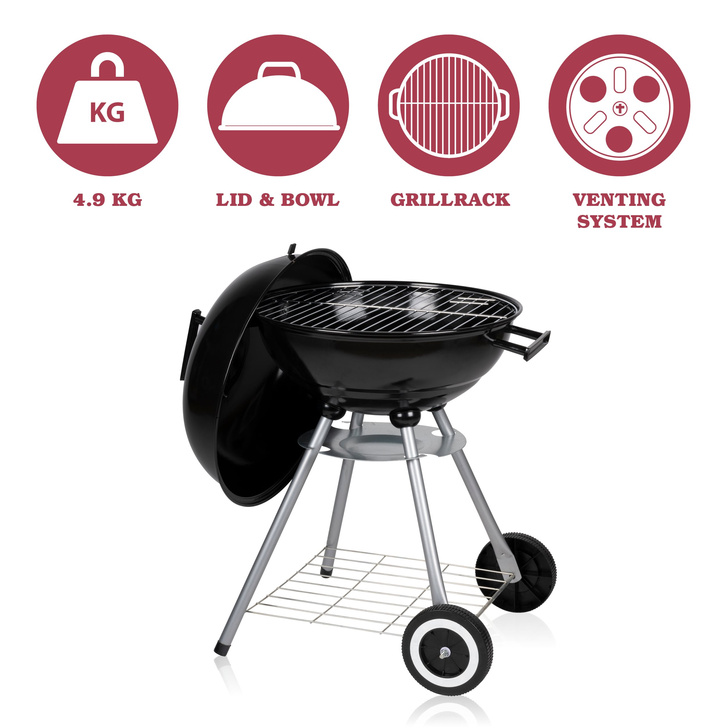 Zwarte grill met open deksel, zilveren poten en wielen. Bovenop iconen met tekstlabels.