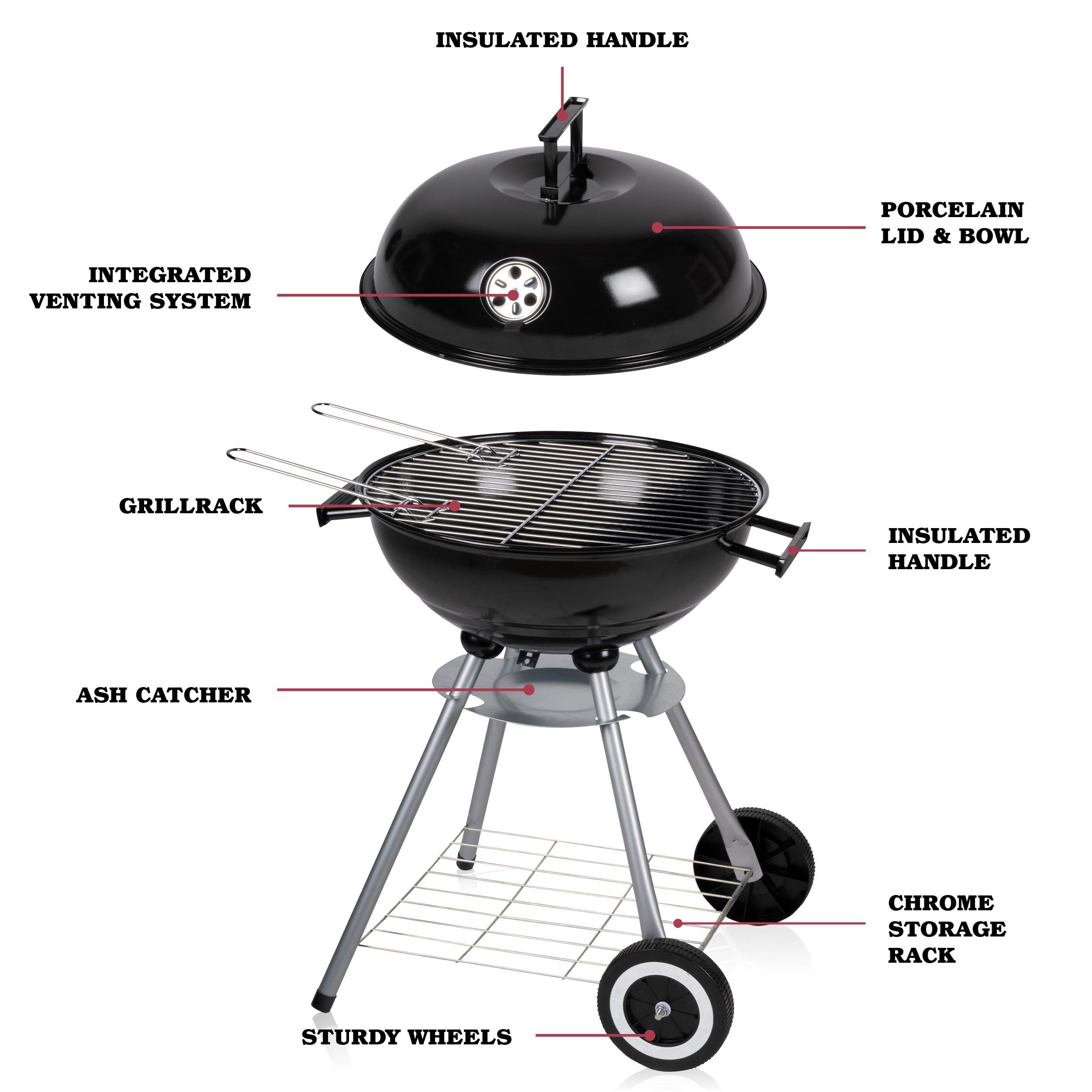 Zwarte houtskoolgrill met deksel, rooster, asvanger, wielen en opbergrek.