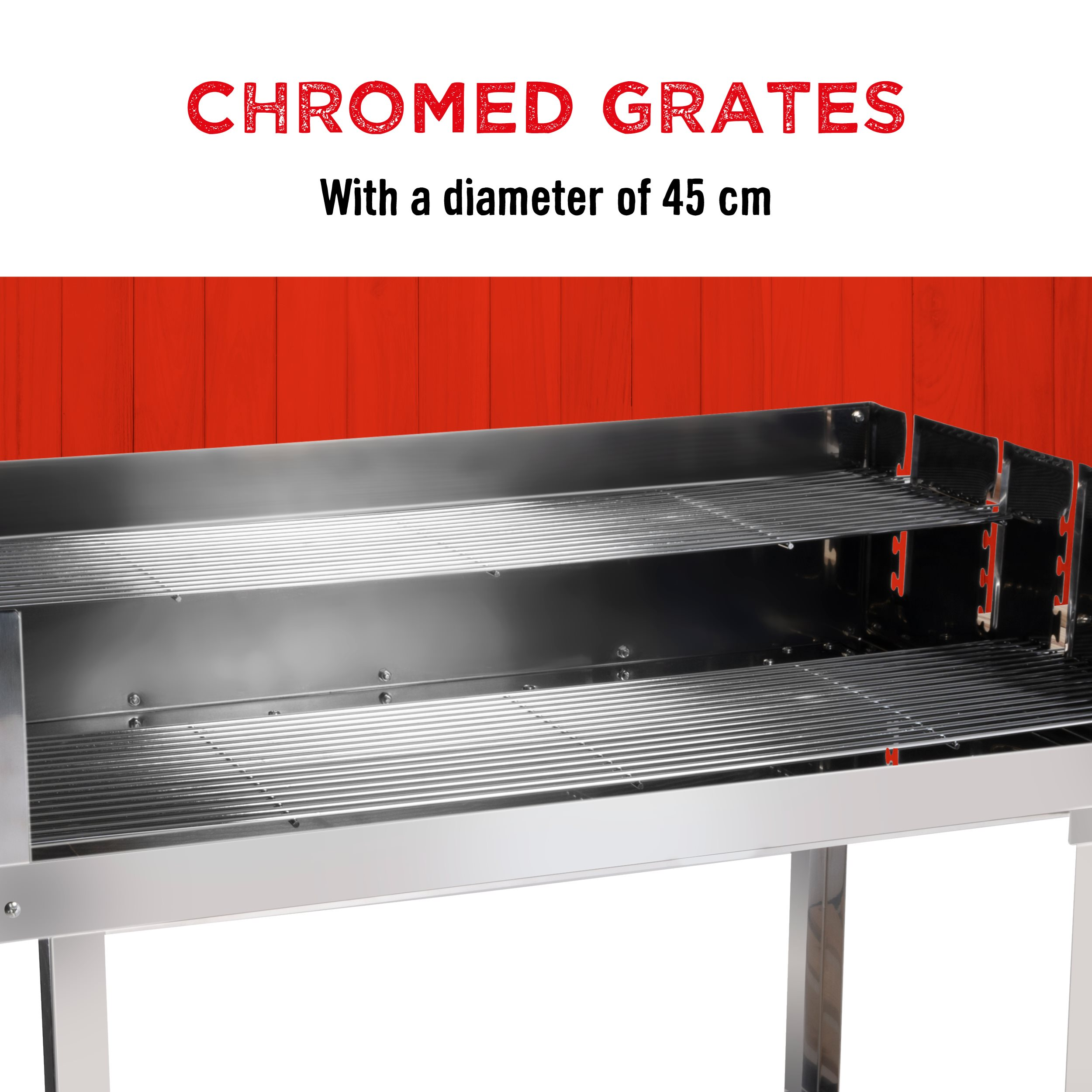 Gros plan sur des grilles chromées. Le texte dit 'Grilles chromées avec un diamètre de 45 cm'. Fond en bois rouge.