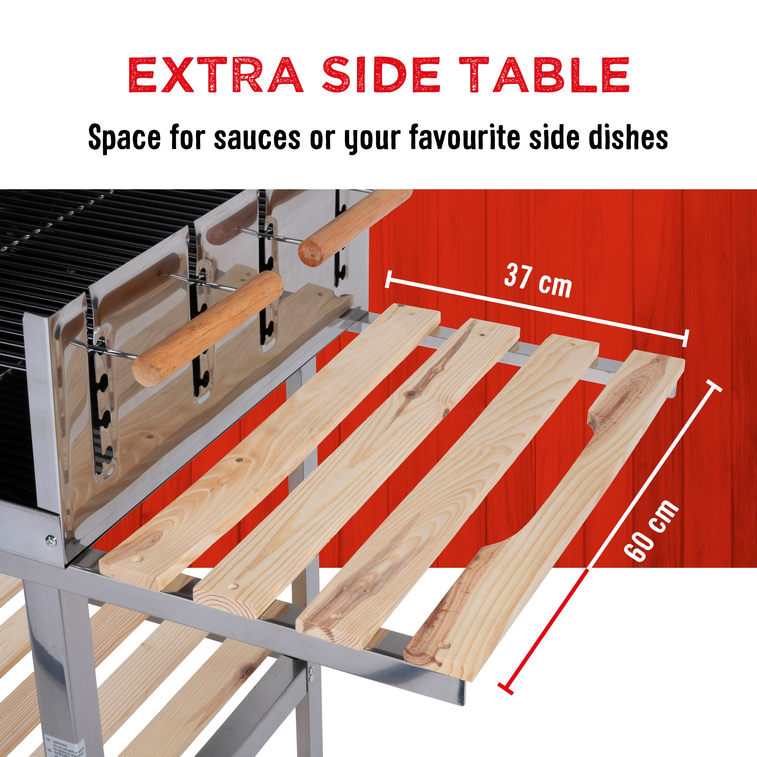 Une table d'appoint en acier inoxydable avec des étagères en bois. Il a un fond rouge avec le texte 'EXTRA SIDE TABLE'.