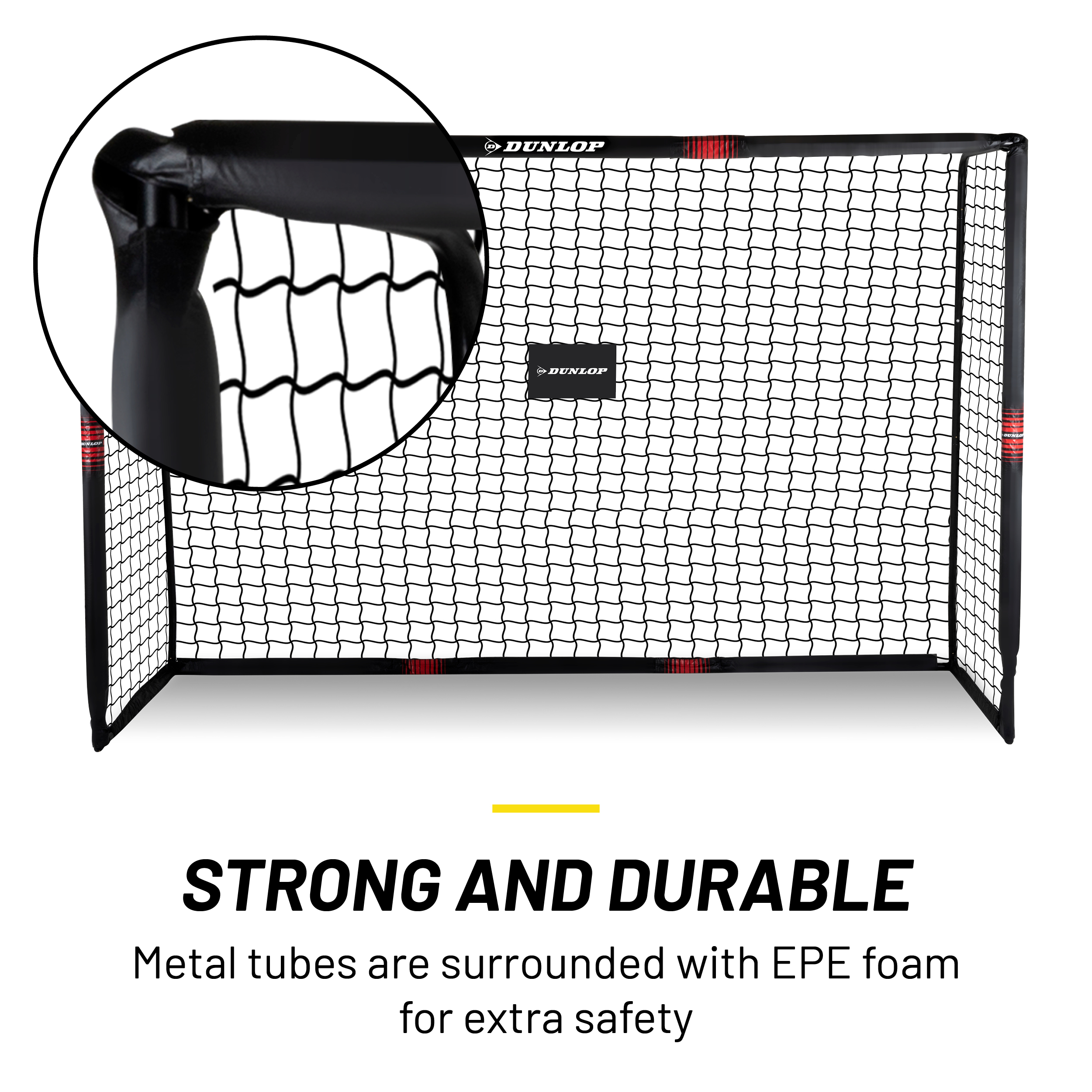 A black soccer net with a Dunlop logo. The frame is black and red. Text: Strong and durable.