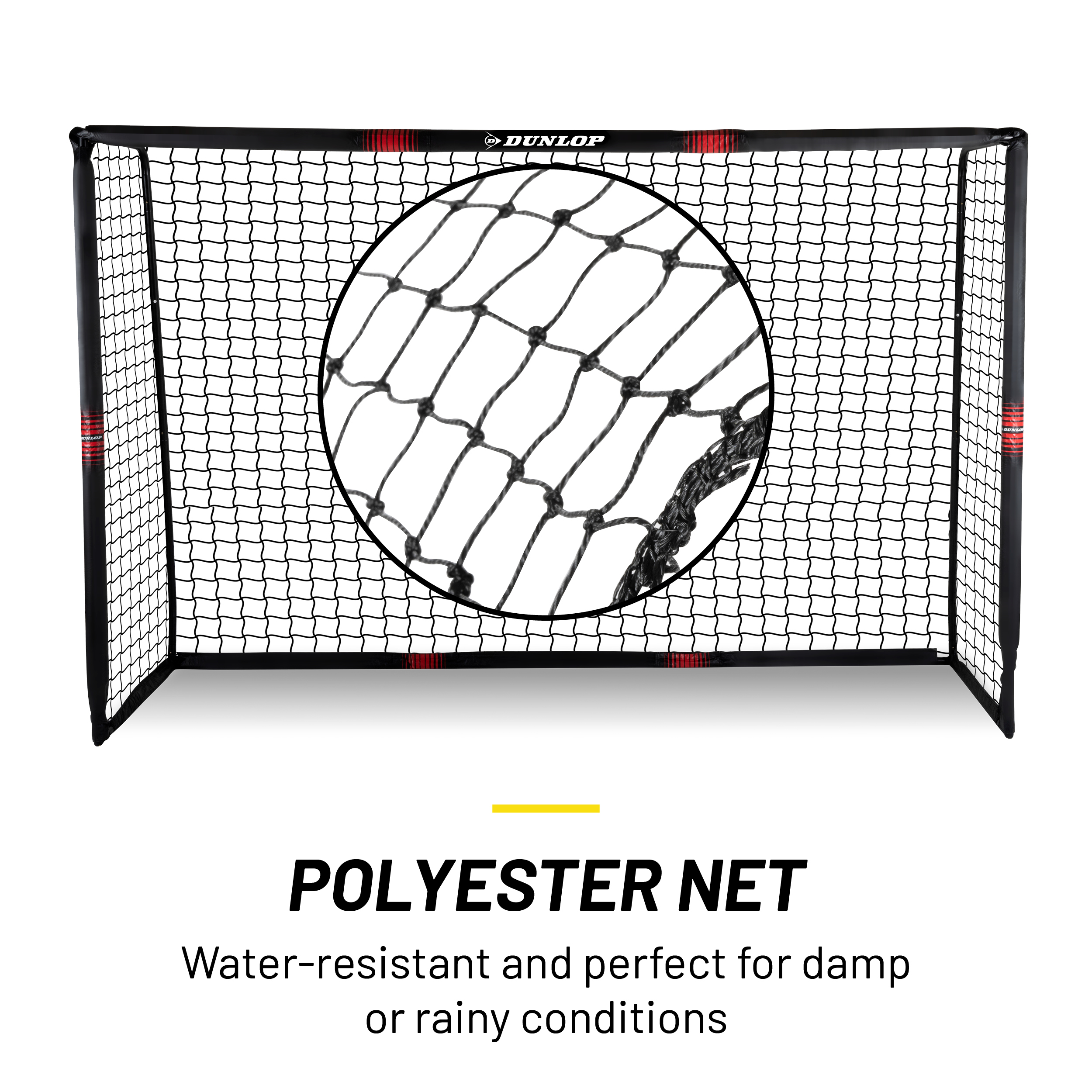 A black soccer goal net with a close-up of the net in the center. Text reads 'Polyester Net' and description below.