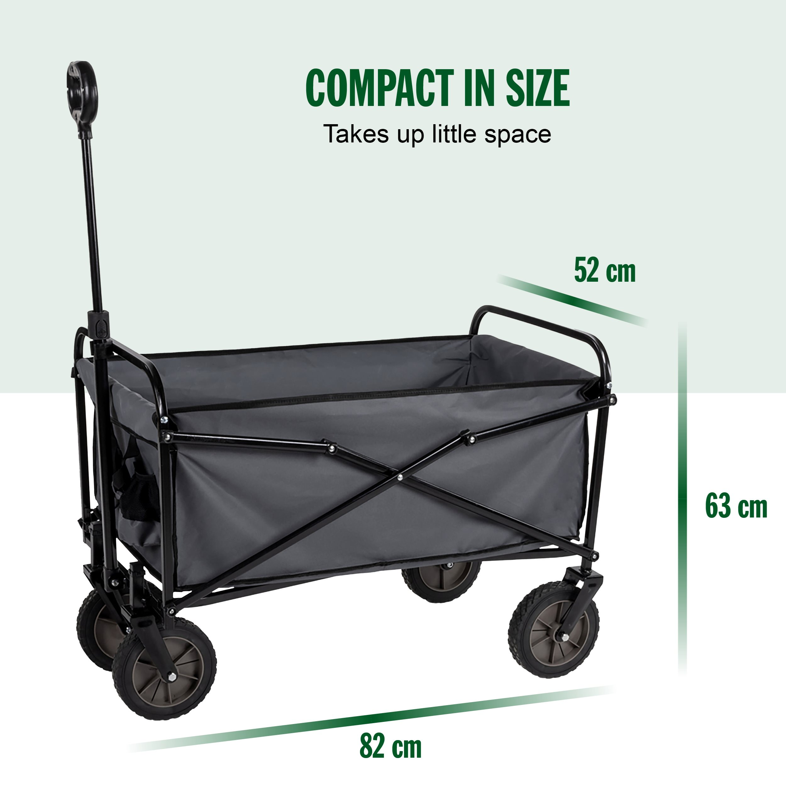 Een zwart-grijze opvouwbare wagen. Het heeft vier wielen en afmetingen worden getoond. Tekst: Compact.