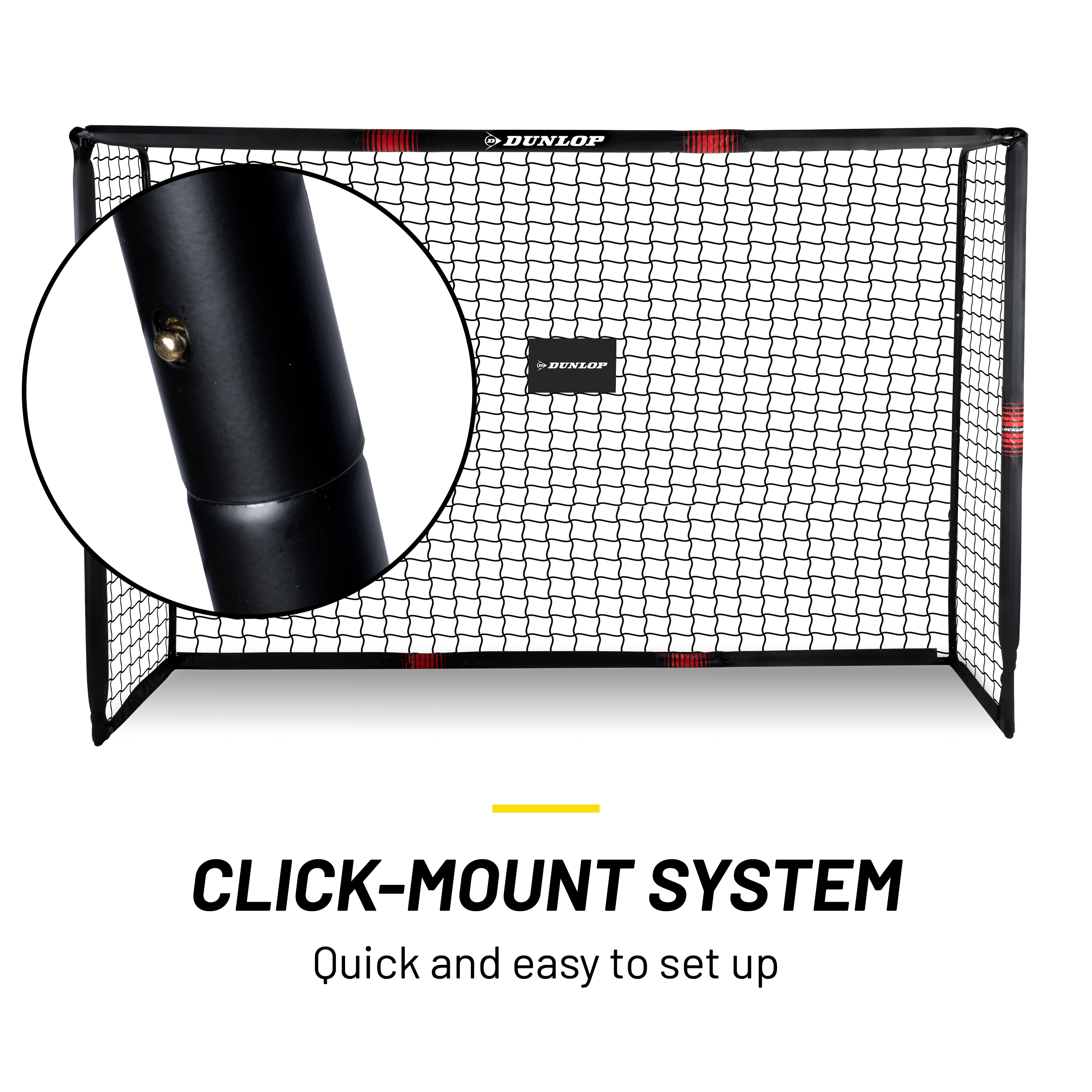 Soccer goal with a net, black frame and red accents. Dunlop logo is on the frame. Click-mount system for easy set up.