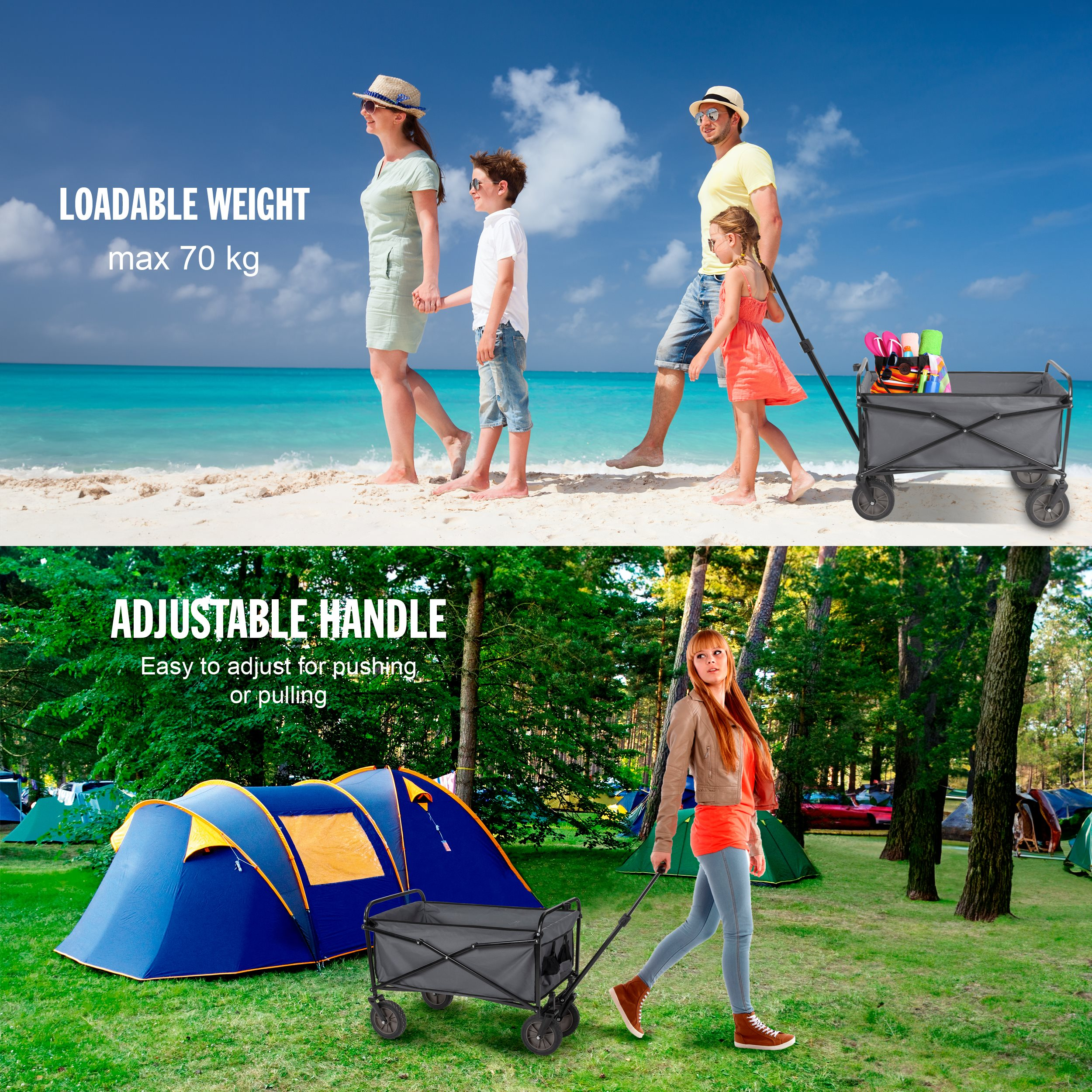 De afbeelding toont een gezin en een vrouw met een wagen. Het gezin is op het strand, de vrouw op een camping.