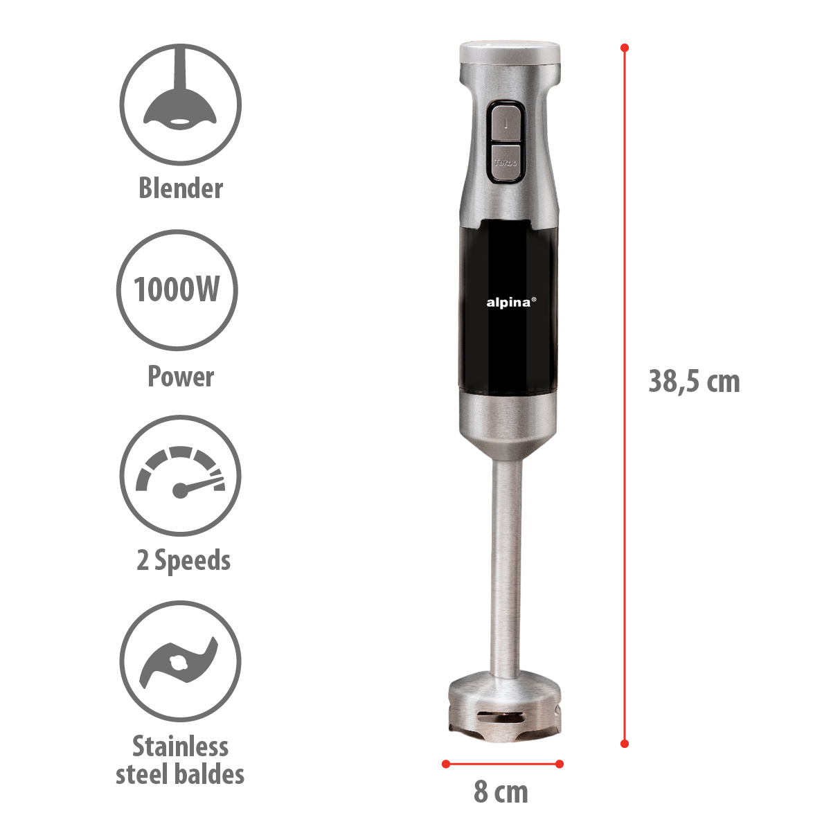 Een Alpina staafmixer met 2 snelheden, roestvrijstalen messen en 1000W vermogen. Afmetingen: 38,5 cm x 8 cm. Pictogrammen van het type mixer.