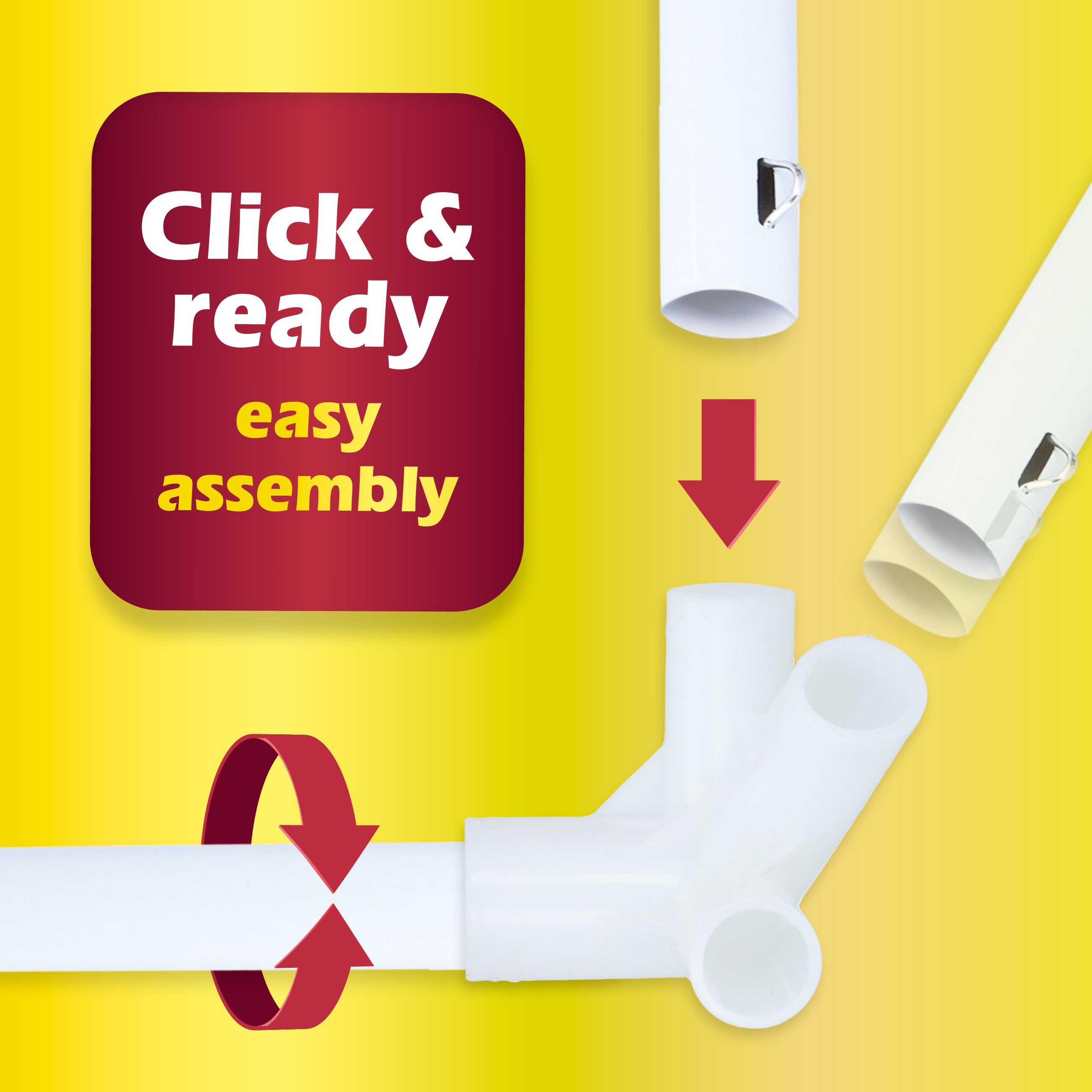 Afbeelding toont een witte constructieset met pijlen en de woorden 'Click & ready easy assembly' tegen een gele achtergrond.
