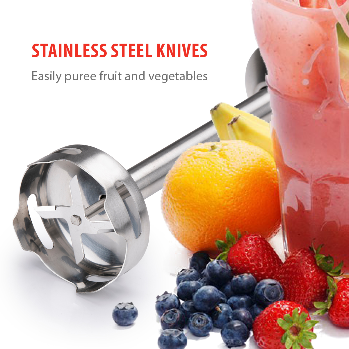 Roestvrijstalen blender met fruit: sinaasappel, banaan, aardbeien, bosbessen en een smoothie.