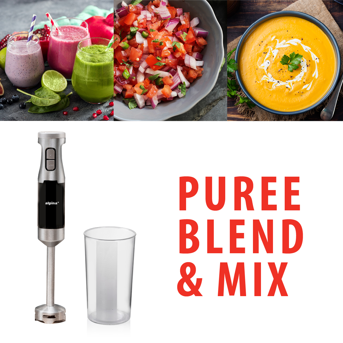 Afbeelding toont smoothies, salsa, soep, een blender en tekst 'PUREE BLEND & MIX'.