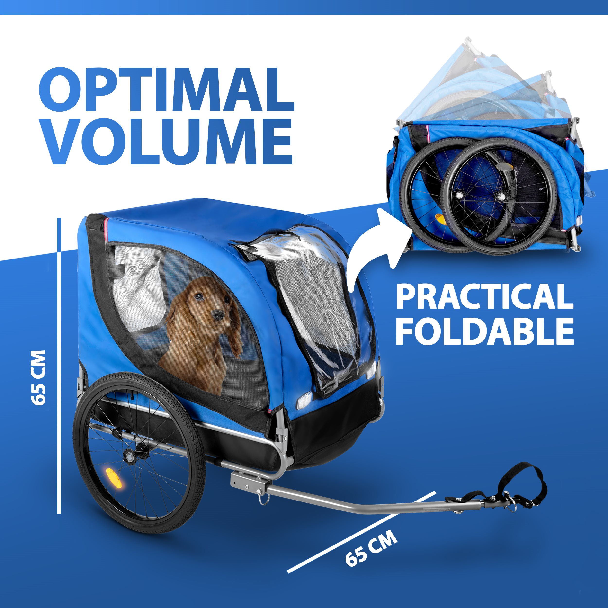 Blue dog trailer with a dog inside. Shows the trailer folded and unfolded. Text reads: Optimal Volume, Practical Foldable.