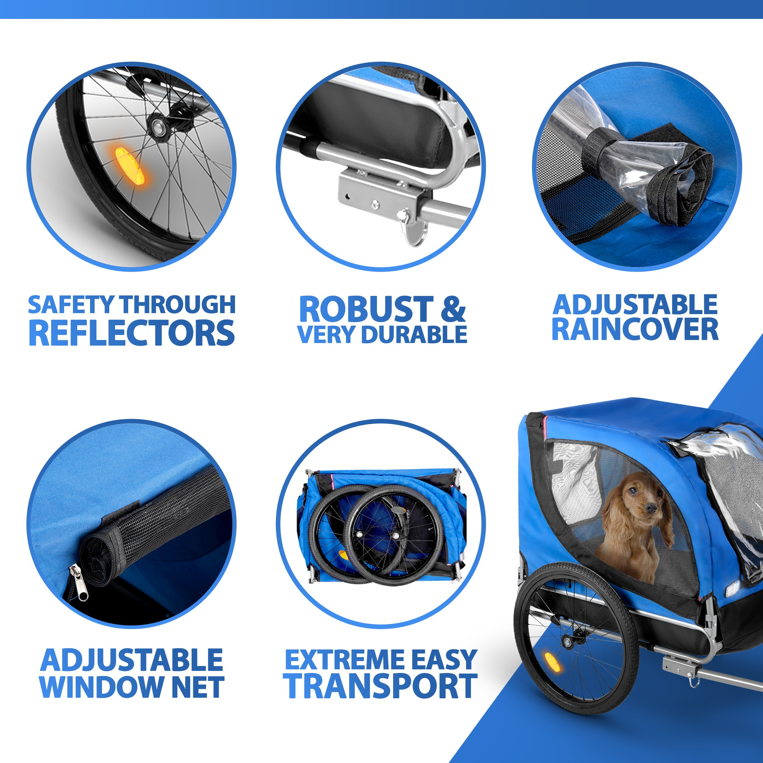 Blue dog trailer with safety reflectors, adjustable rain cover, and window net. Features extreme easy transport.