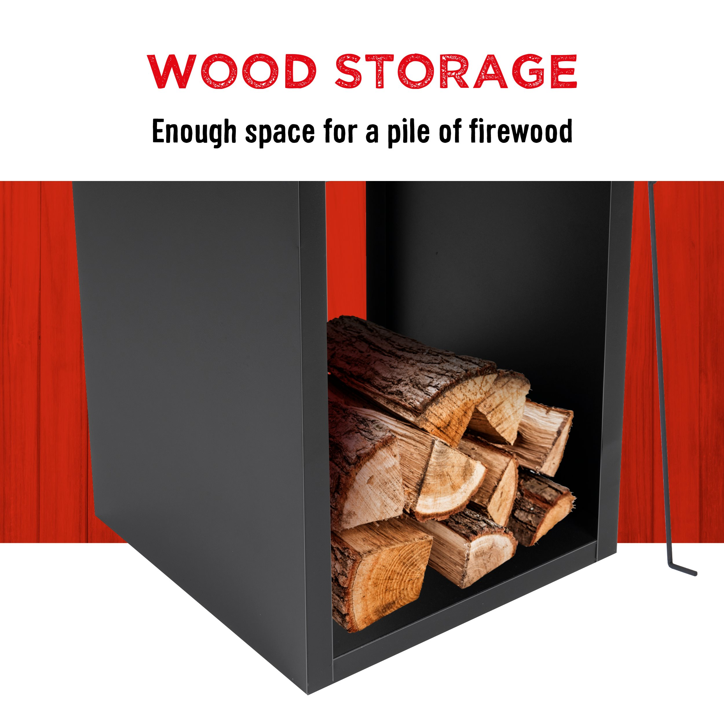 Een zwarte houten opbergeenheid gevuld met brandhout. Rode houten panelen op de achtergrond. Tekst 'Wood Storage'.