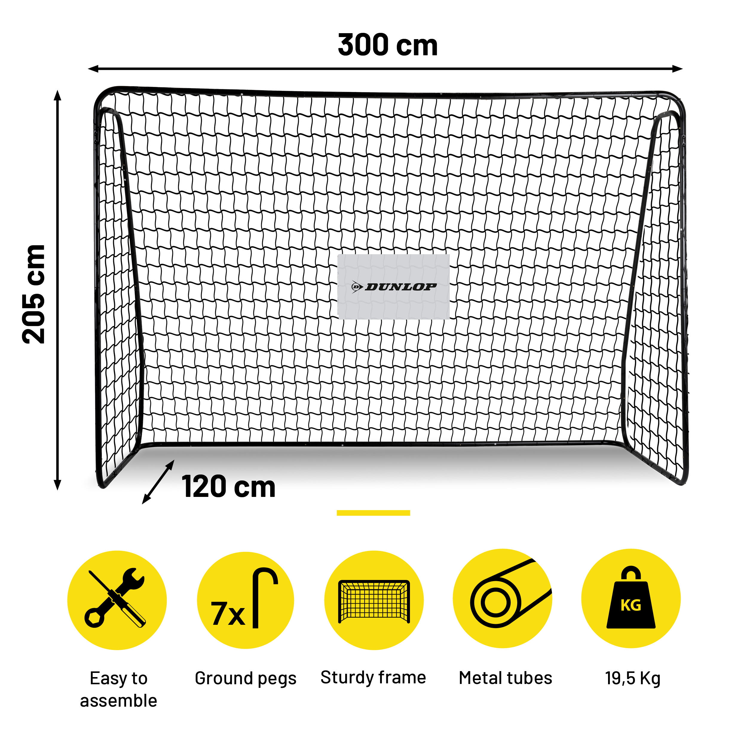 Ein schwarzes Fußballtor mit Netz ist abgebildet. Abmessungen: 300 cm breit, 205 cm hoch und 120 cm tief. Enthält Symbole.