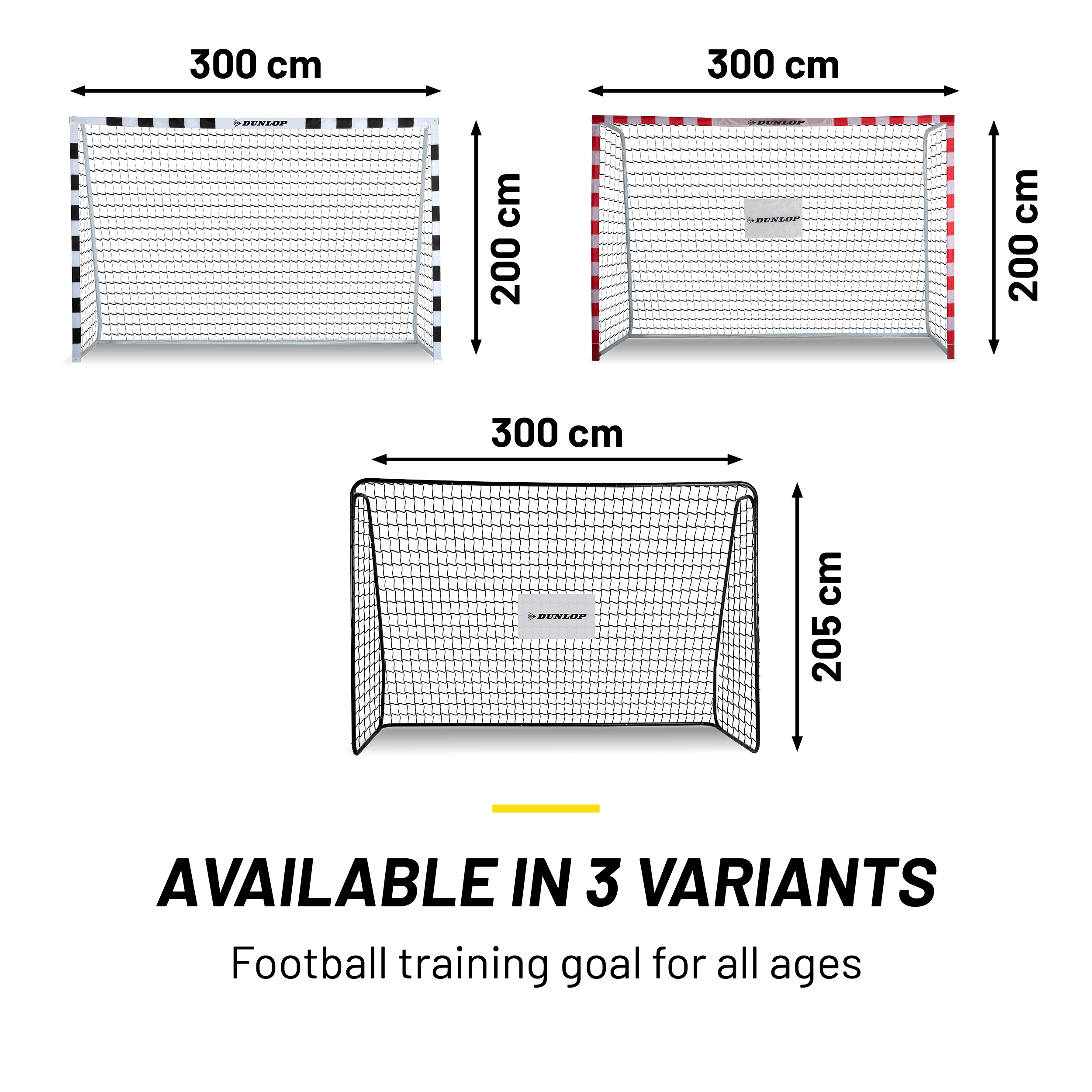 Das Bild zeigt drei Fußballtorvarianten. Text weist darauf hin, dass sie in drei Varianten für alle Altersgruppen erhältlich sind.