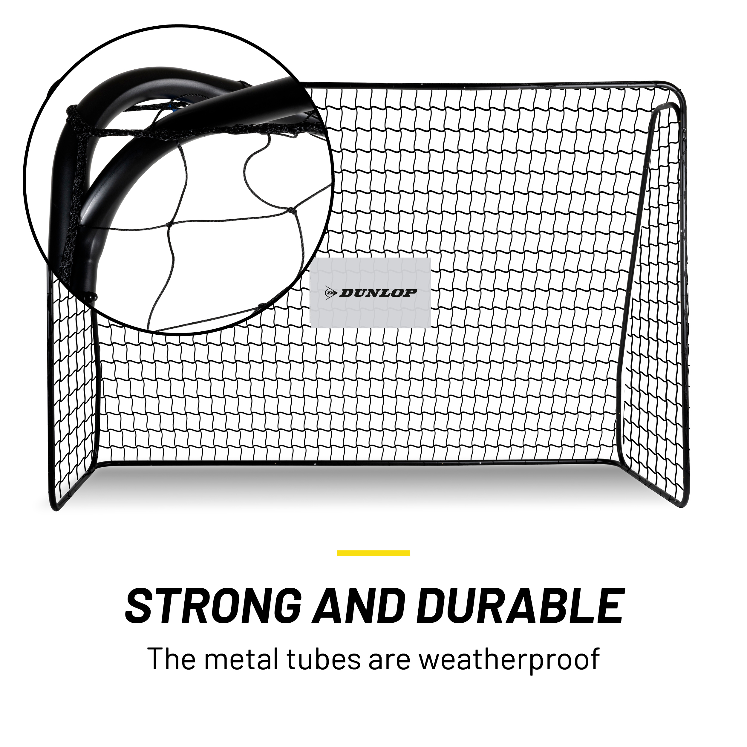 Ein schwarzes Metallfußballtor mit schwarzem Netz und Dunlop-Logo. Text: STARK UND LANGLEBIG.