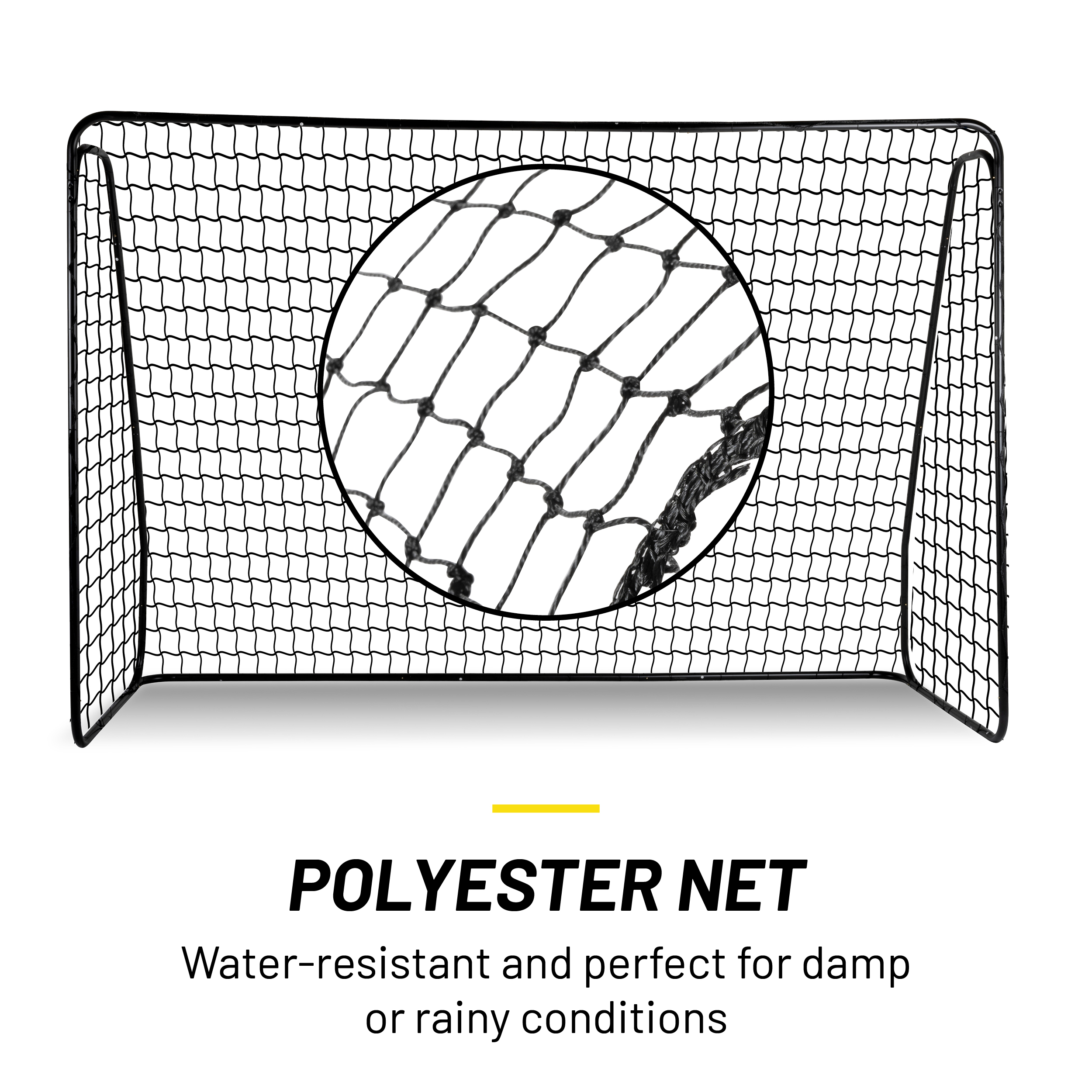 Ein schwarzes Fußballtornetz mit einem kreisförmigen Ausschnitt des Netzes. Text: 'POLYESTER NET' und Beschreibung.