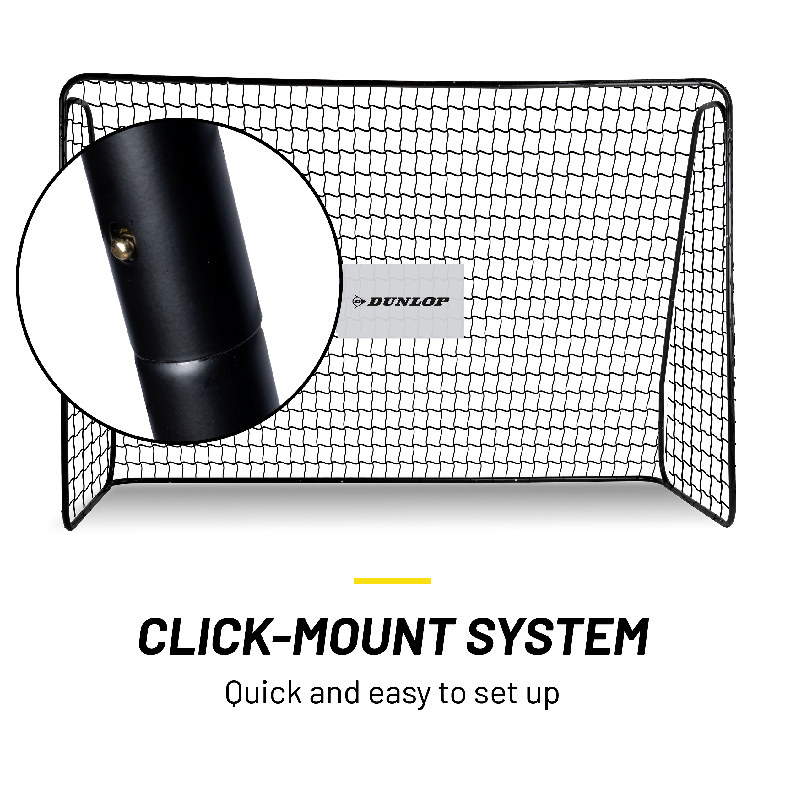 Ein schwarzes Fußballtor mit Netz, Nahaufnahme einer schwarzen Stange mit Goldschraube, Wort DUNLOP.