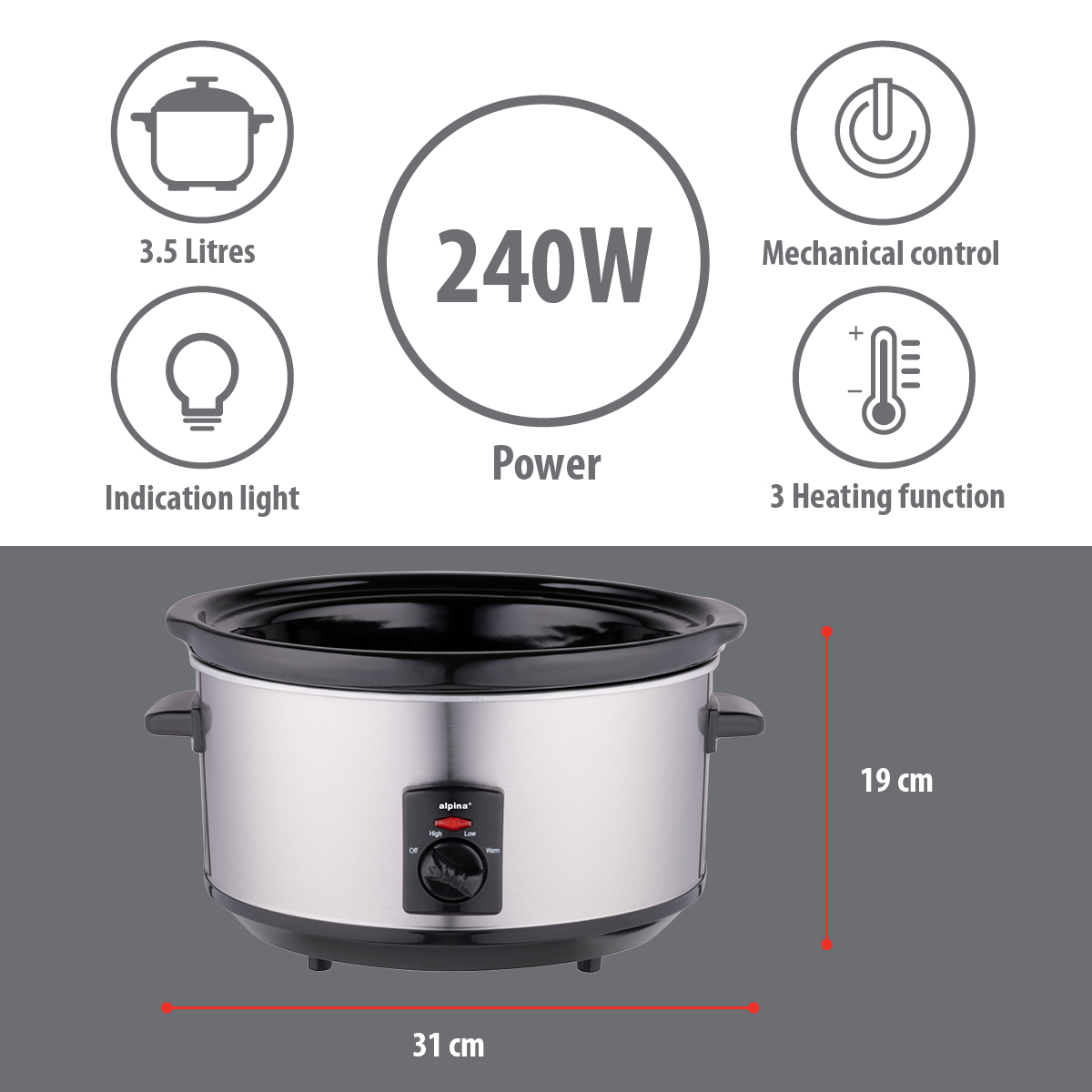 Un autocuiseur avec 240W de puissance, 3,5 litres de capacité et trois fonctions de chauffage. Il possède un voyant et un contrôle mécanique.