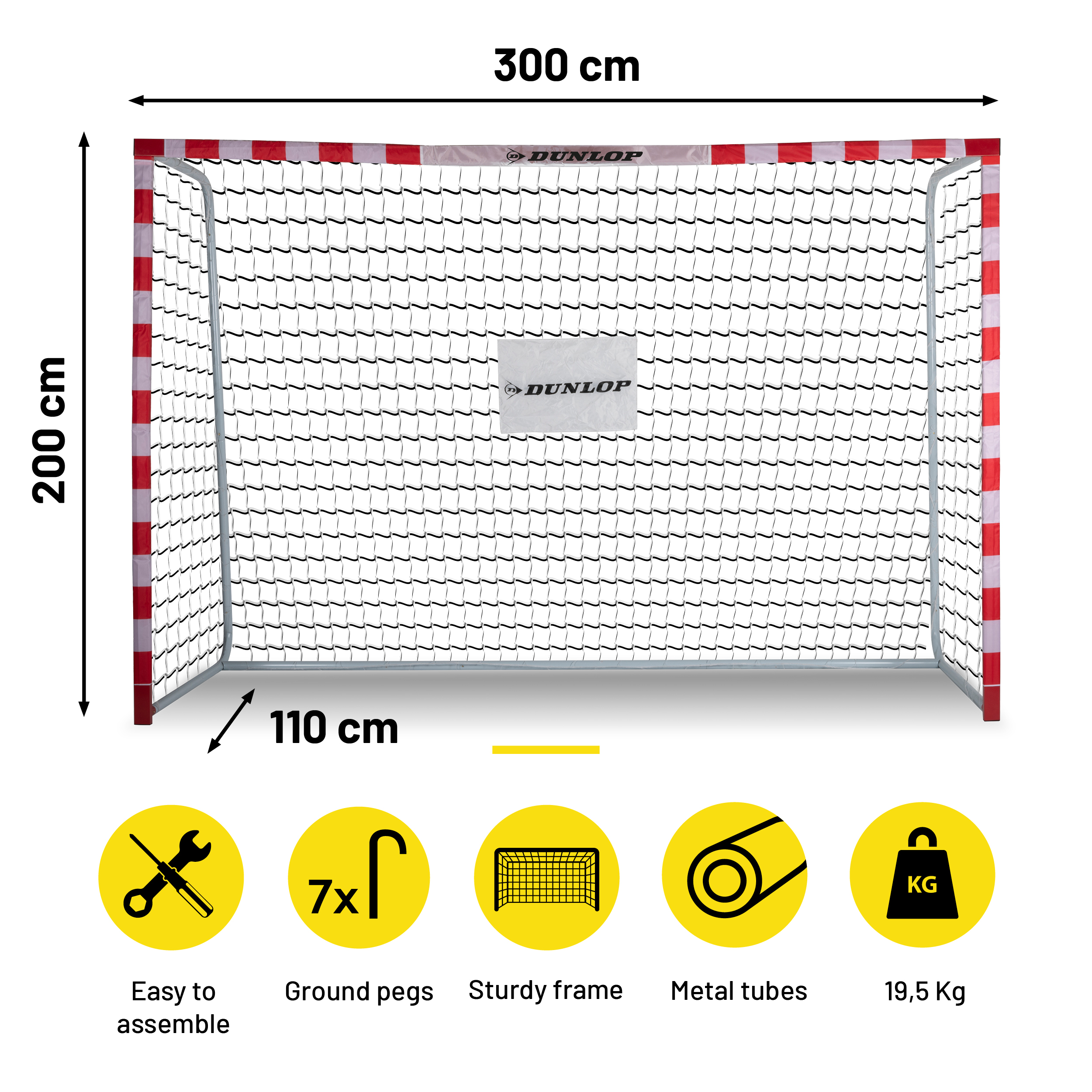 A handball goal with a net. Dimensions are labeled: 300cm wide, 200cm high, and 110cm deep. Includes icons with text.