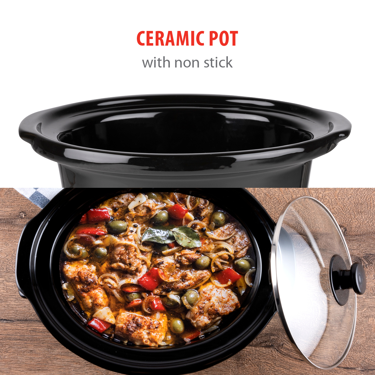 Pot en céramique noir avec surface antiadhésive, rempli de ragoût. Un couvercle en verre est à droite. Fond en bois.