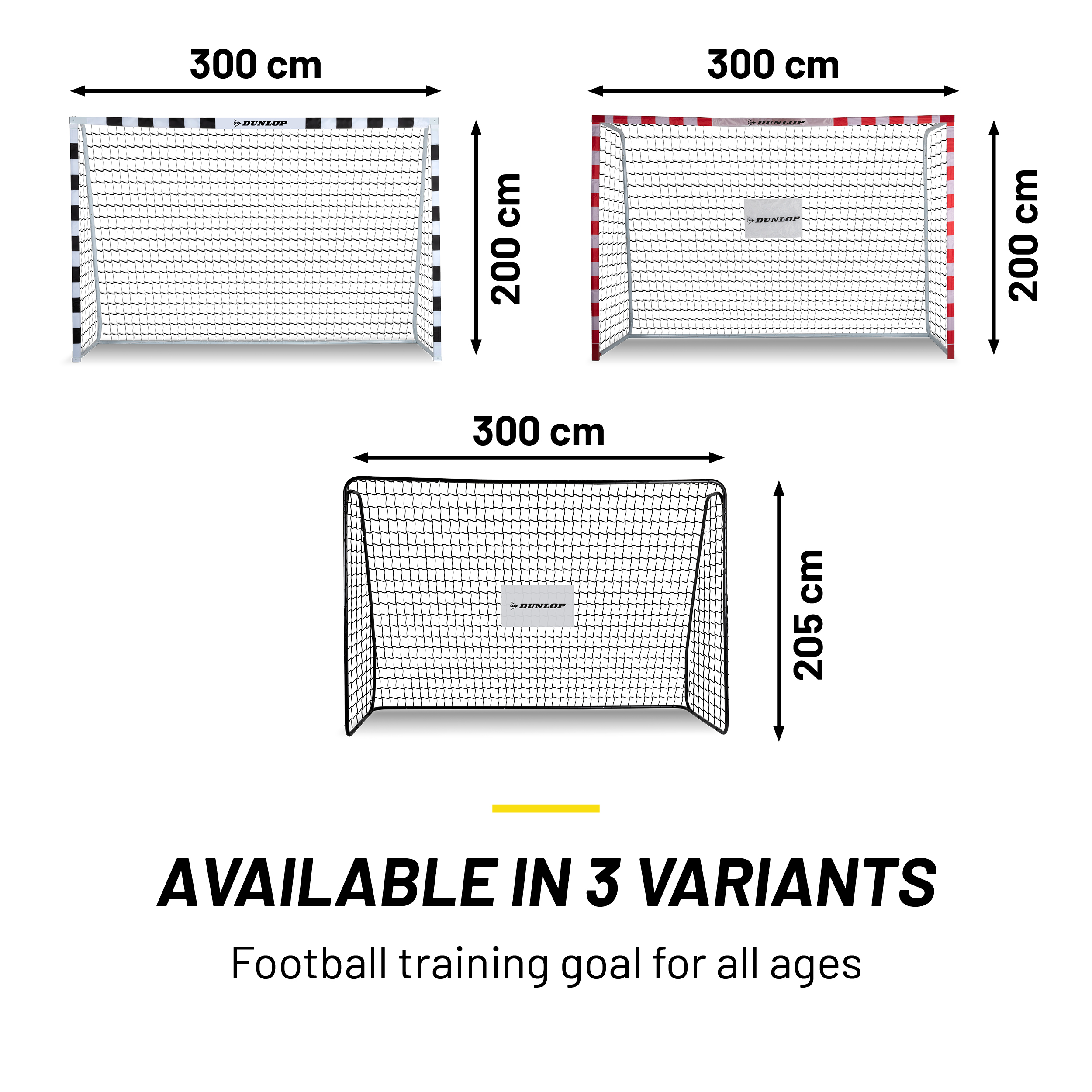 Image shows three football goals of different designs with sizes marked. Text says 'AVAILABLE IN 3 VARIANTS'.