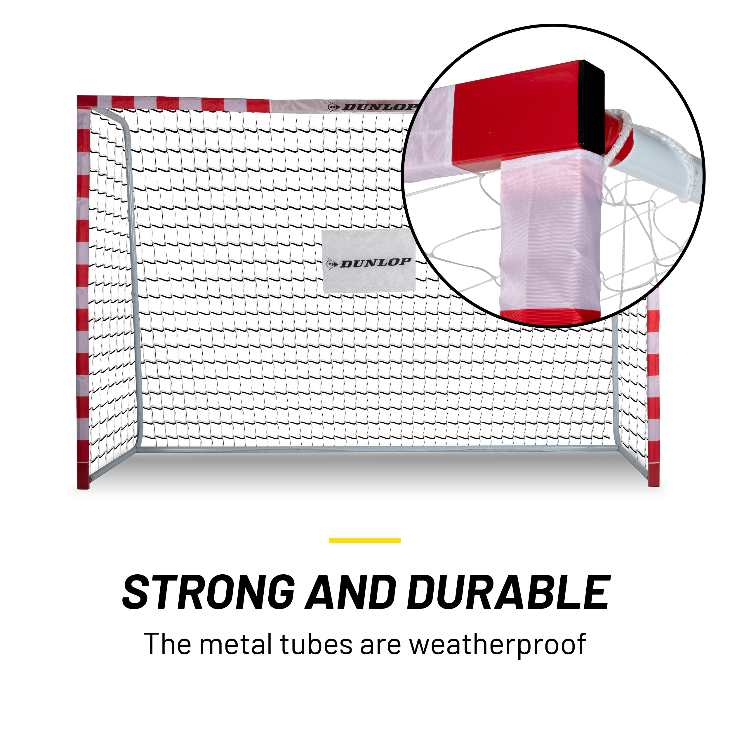 A handball goal with a net. The frame has red and white markings. The text 'STRONG AND DURABLE' is visible.