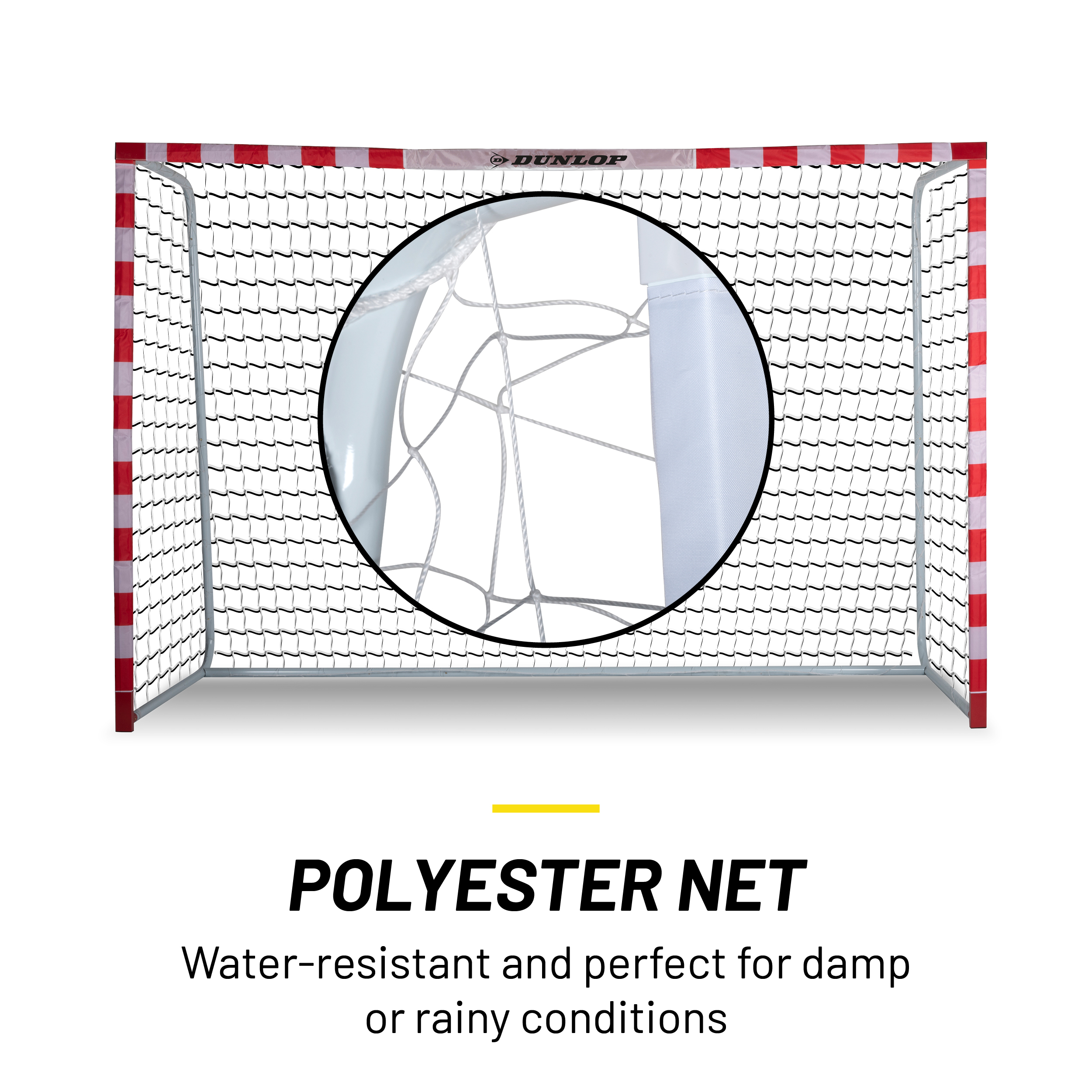 A soccer goal with a black net, red and white striped posts, and a magnified center detail.