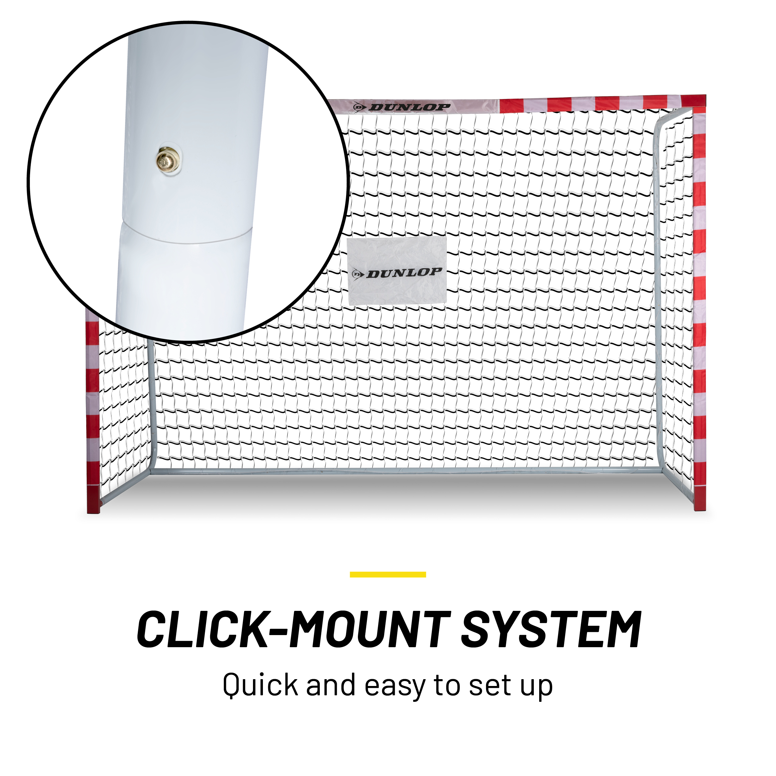 A soccer goal with a net and red and white striped posts. A close-up shows a click-mount system for easy setup.