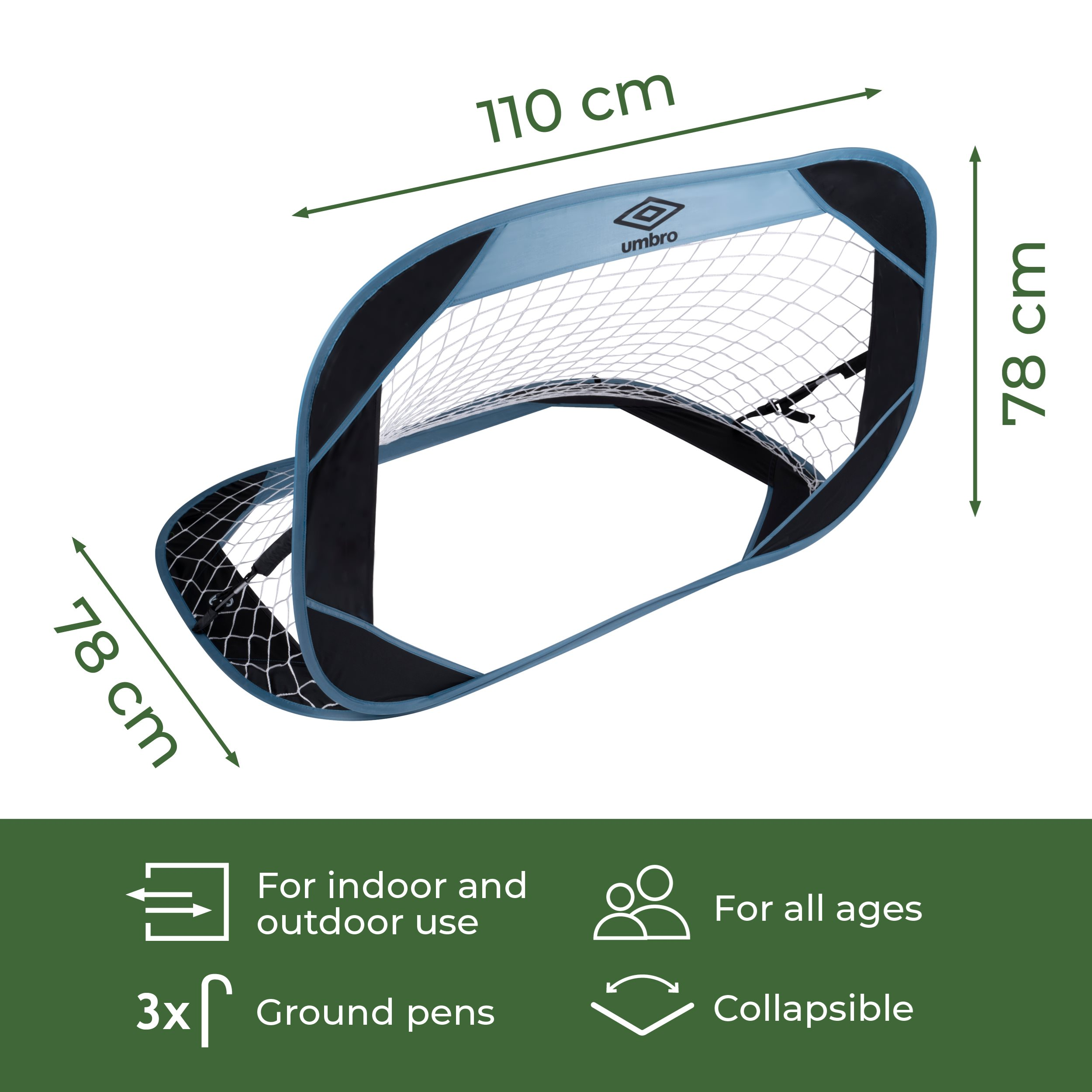 Una portería de fútbol plegable con dimensiones indicadas. Tiene una red y es azul y negro. Incluye uso interior/exterior, todas las edades y plegable.