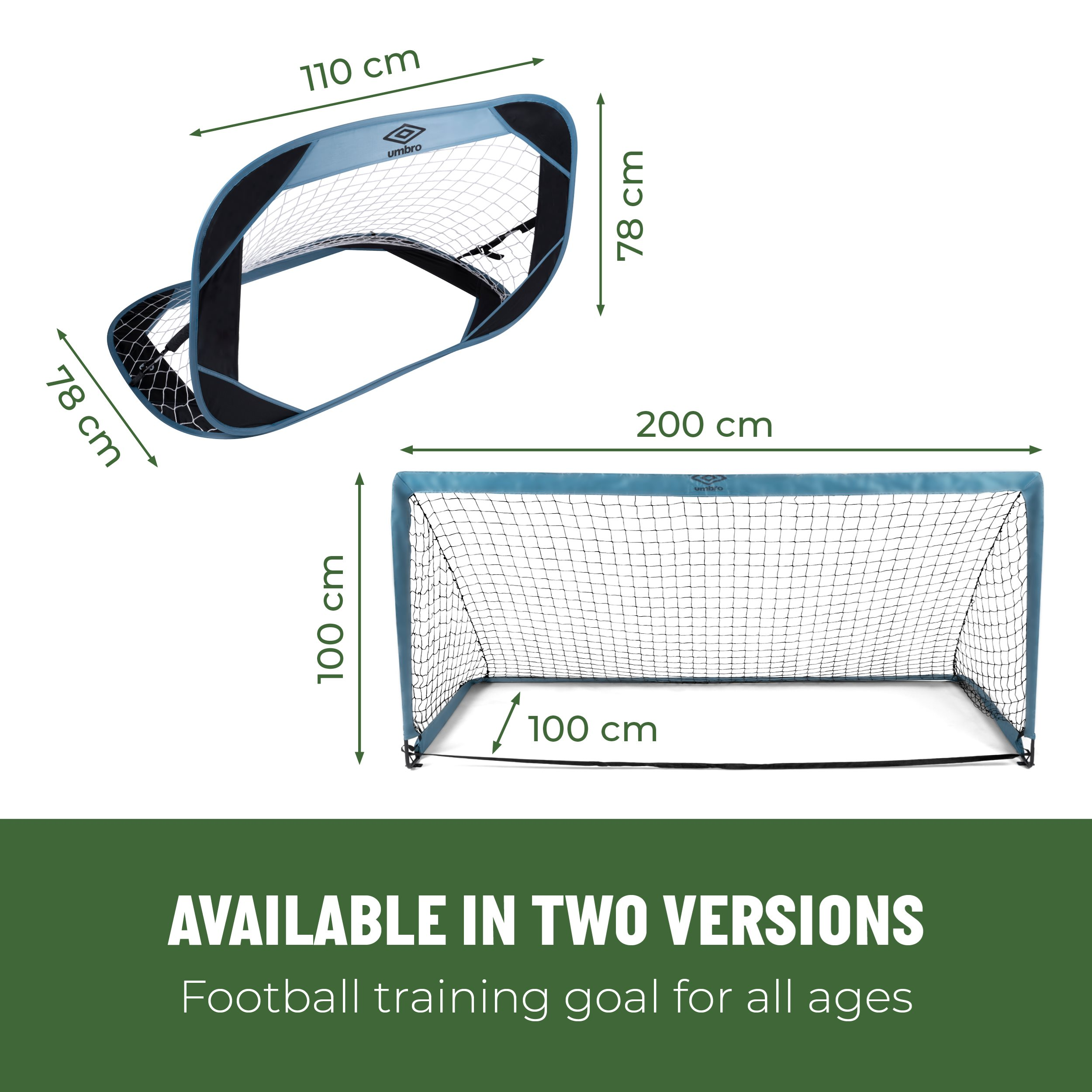Afbeelding toont twee blauwe Umbro voetbaldoelen met afmetingen. Tekst zegt: Verkrijgbaar in twee versies, voetbaltrainingsdoel.