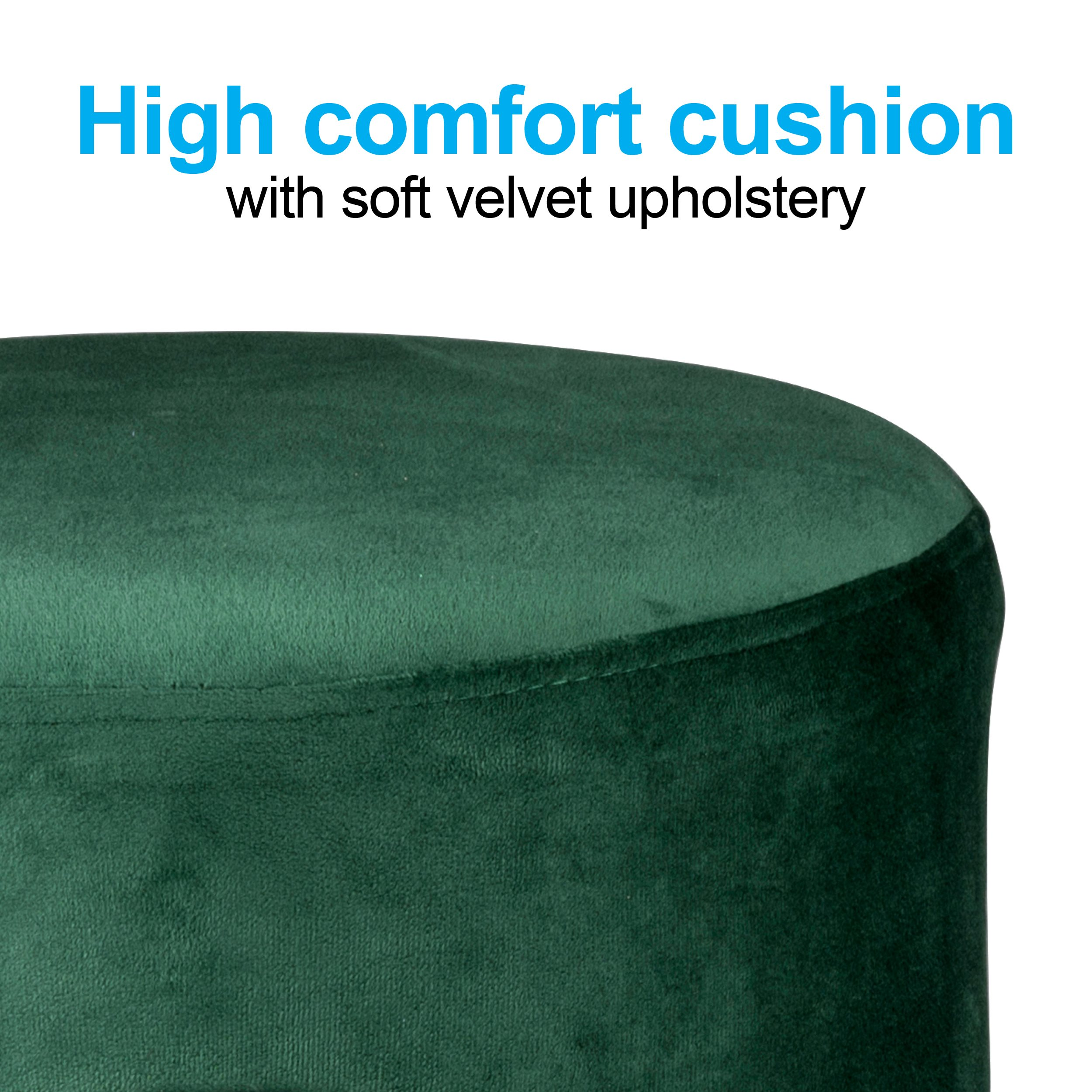 A close-up shows a green velvet cushion, with text above it. The cushion is soft and comfortable.