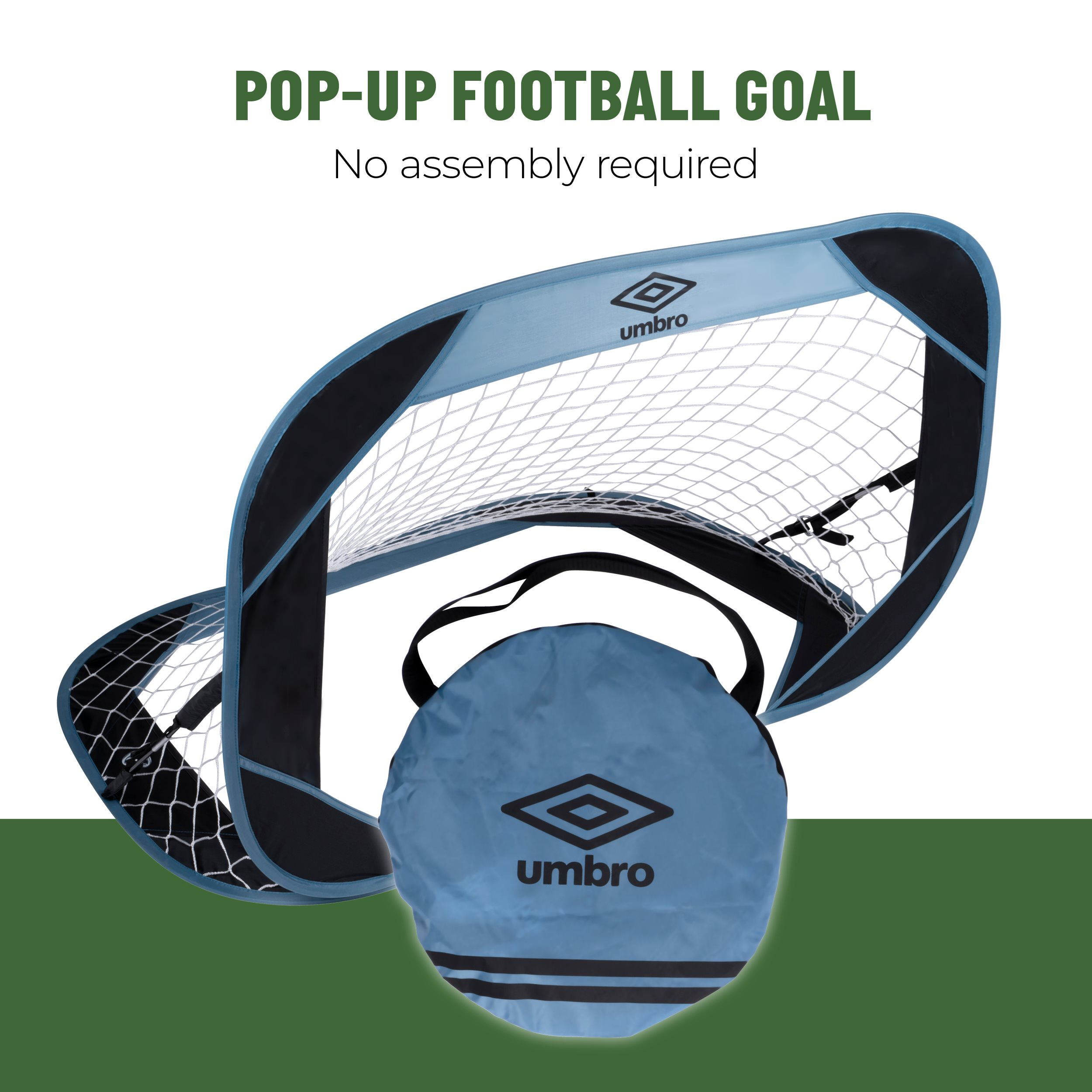 Portería de fútbol emergente con marco azul y negro, red blanca y bolsa a juego con el logo de Umbro.