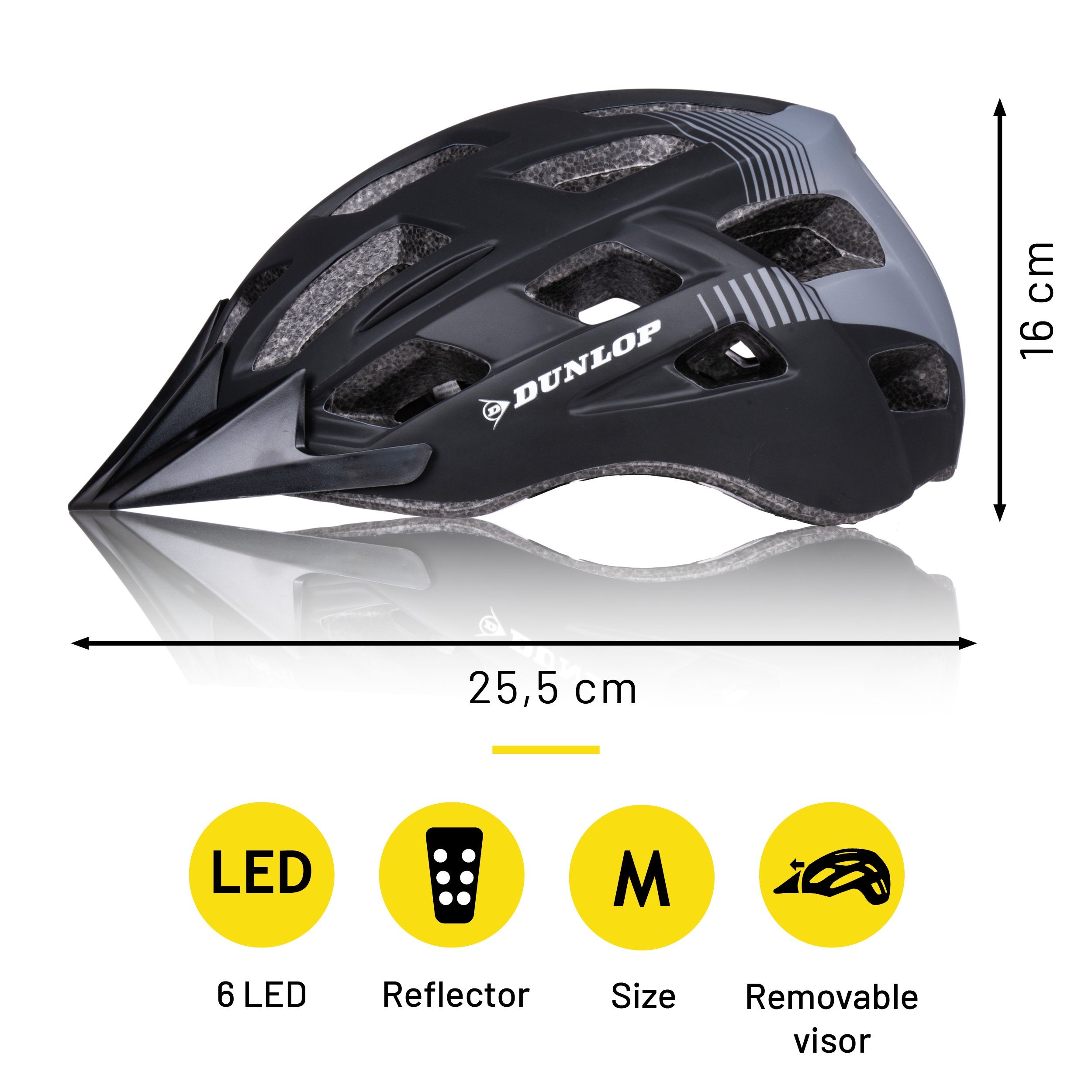 Een zwarte en grijze Dunlop fietshelm met vizier. Afmetingen: 25,5 cm x 16 cm. Kenmerken: 6 LED, reflector, maat M en afneembaar vizier.