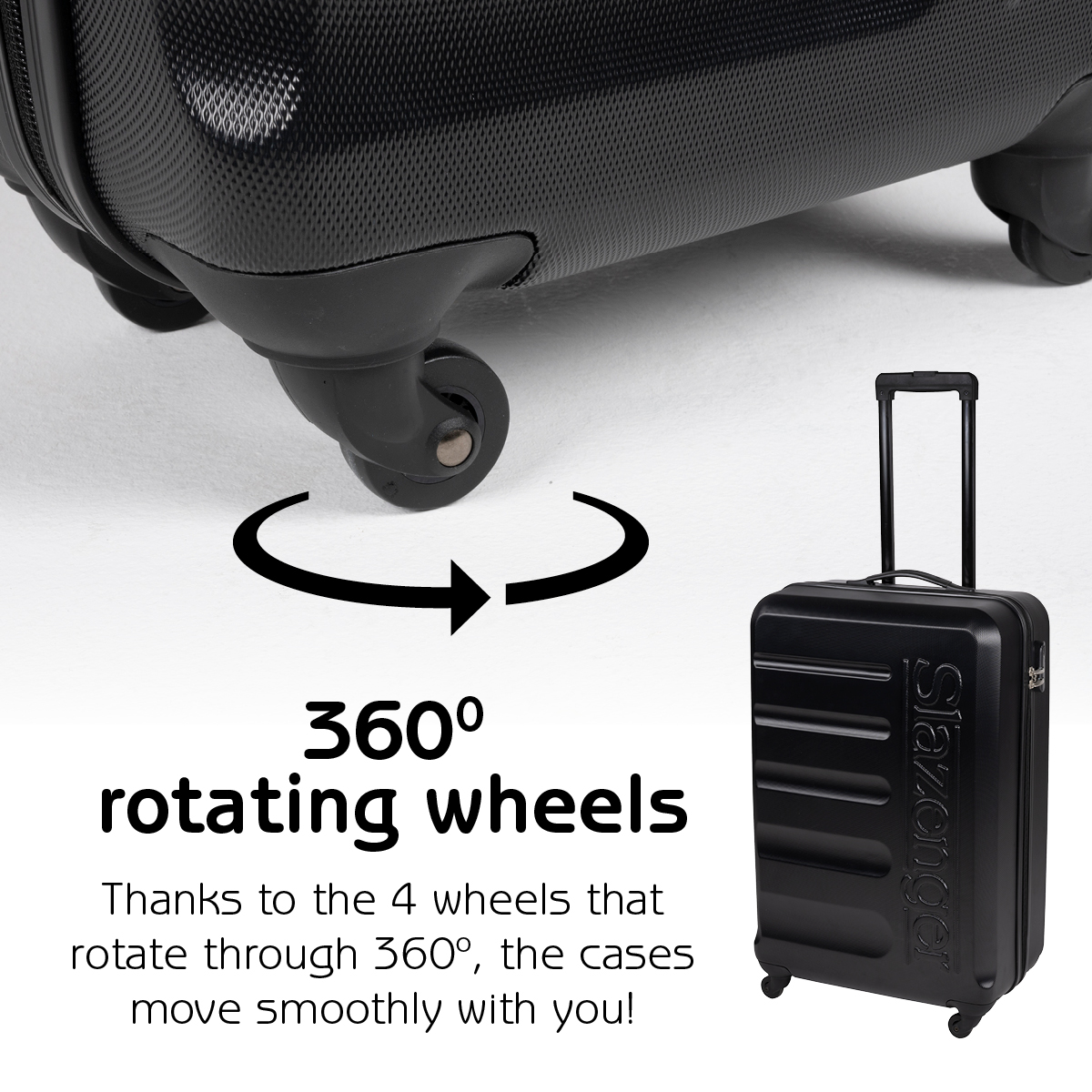 A black Slazenger suitcase with 360° rotating wheels is displayed. The image highlights the smooth movement enabled by the design.